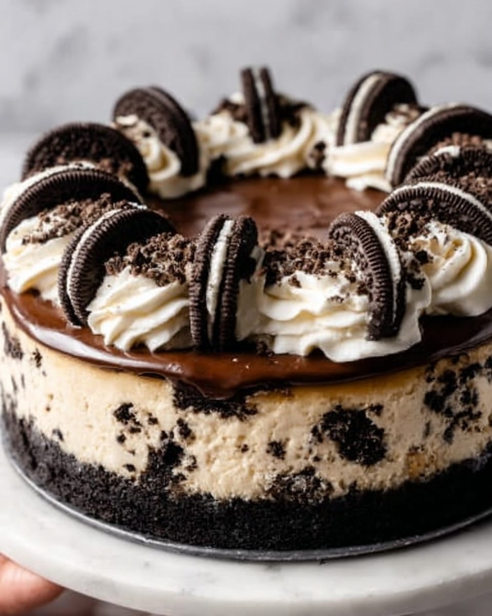 The image shows a round Oreo cheesecake with three clear layers. The bottom layer is made of dark Oreo cookie crumbs, tightly packed to form a crust. The middle layer is thick and creamy, off-white cheesecake filling with visible chunks of crushed Oreos mixed inside. The top layer is a smooth, glossy chocolate ganache spread evenly across the surface. Around the edge of the cheesecake, there are swirls of white whipped cream, each topped with half an Oreo cookie. The center of the top is sprinkled with more crushed Oreo pieces. The cheesecake sits on a white marbled surface, and the edge of a woman's hand is visible holding the cake. Photo taken with an iphone --ar 4:5 --v 7