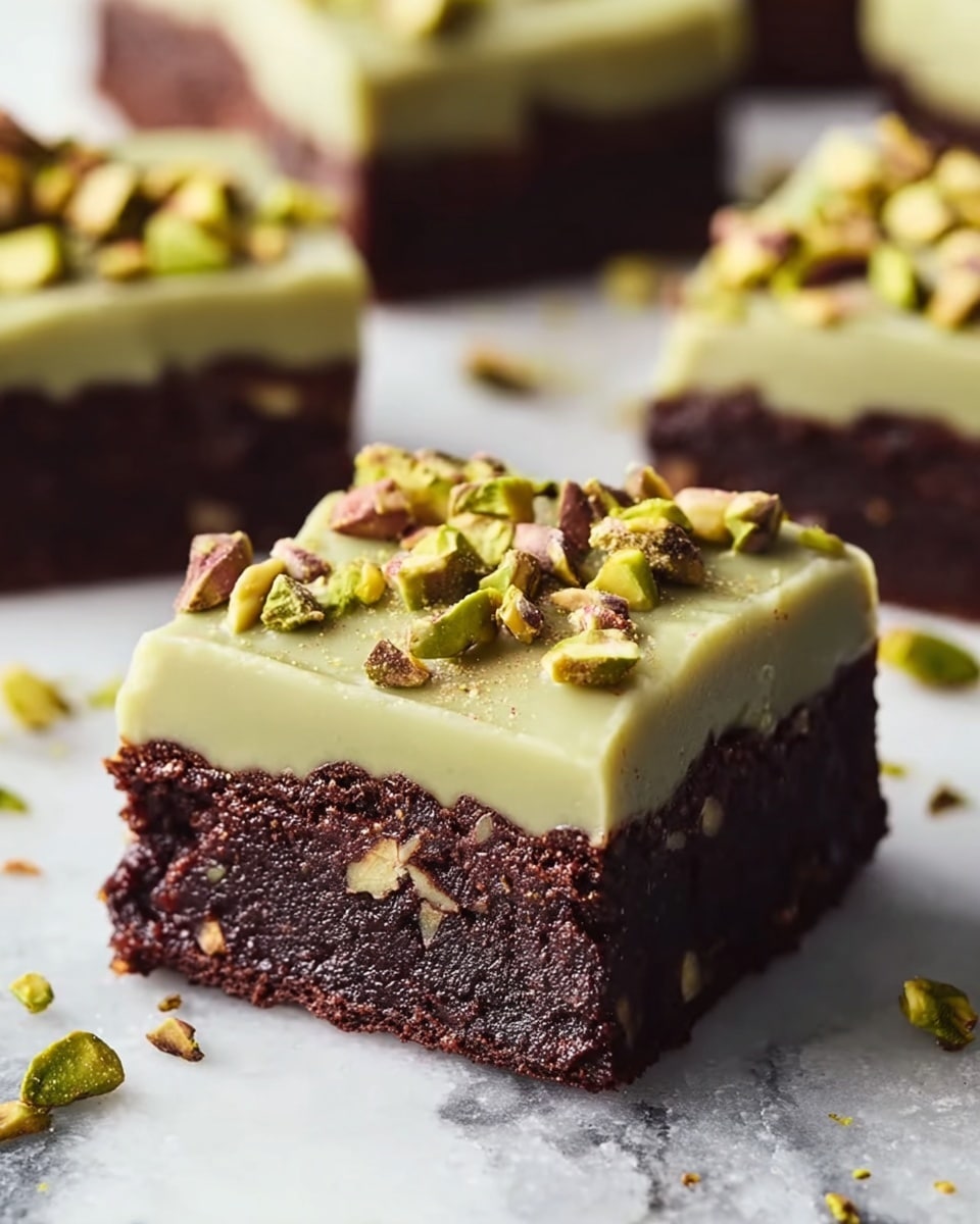 A close-up view of a square brownie with two layers shows a thick, dark brown, moist chocolate base layer filled with tiny bits of pistachio nuts, topped by a smooth, glossy, pale green pistachio frosting spread evenly, and sprinkled with chopped and whole greenish-brown pistachio nuts on top. The brownie piece is placed on a white marbled surface with some pistachio crumbs scattered around. Other similar brownie squares blur softly in the background. photo taken with an iphone --ar 4:5 --v 7
