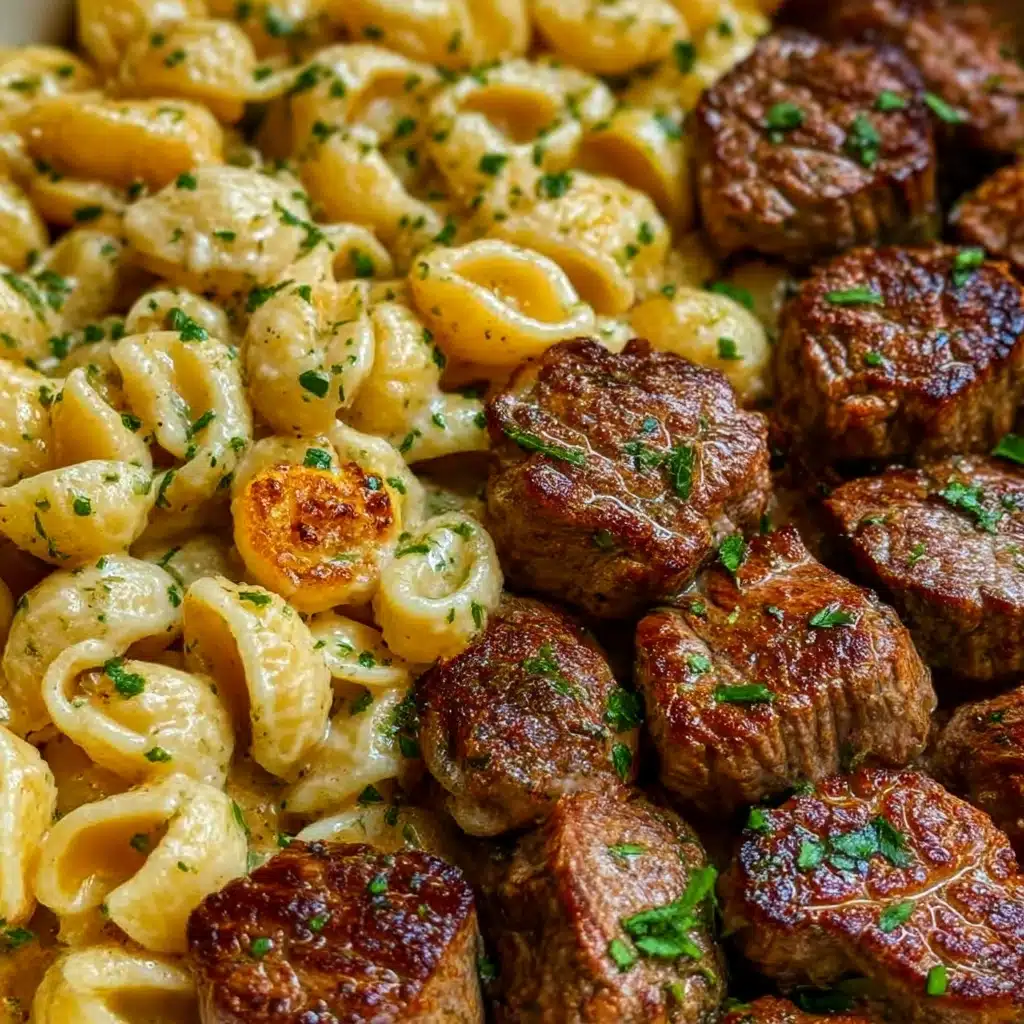 Cajun Steak Bites and Cheesy Garlic Shells Skillet Recipe - Recipe Image