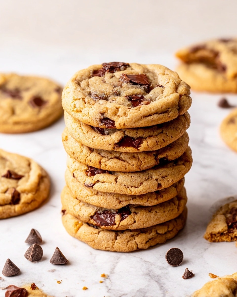A tall stack of seven golden-brown chocolate chip cookies, each cookie showing visible melted dark chocolate chunks and a slightly textured, soft surface with a sprinkling of coarse salt. The stack sits on a white marbled surface, surrounded by scattered chocolate chips and two more cookies lying flat—one of them partially eaten, revealing a soft and chewy inside. The cookies have slightly crinkled edges and a warm, inviting look. photo taken with an iphone --ar 4:5 --v 7