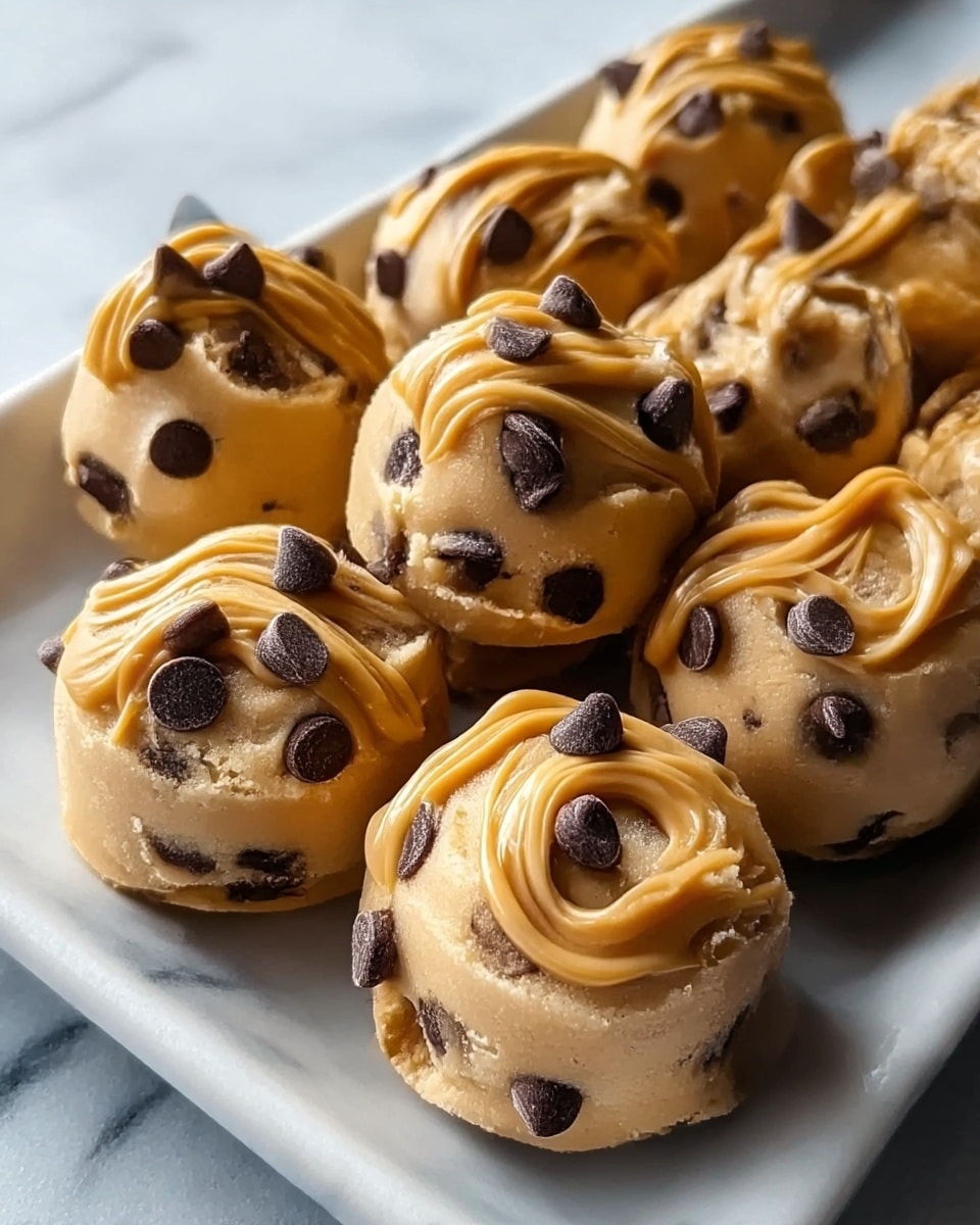 The image shows a close-up of several round, bite-sized cookie dough balls placed closely together on a white marbled surface. Each ball is light beige in color with small dark chocolate chips dotted inside. On top of every dough ball is a swirl of smooth, light brown peanut butter that adds a creamy texture, with a few small dark chocolate chips scattered over the peanut butter swirl for decoration. The overall scene highlights the creamy, soft texture of the dough and the glossy chocolate, making the treats look rich and fresh. Photo taken with an iphone --ar 4:5 --v 7