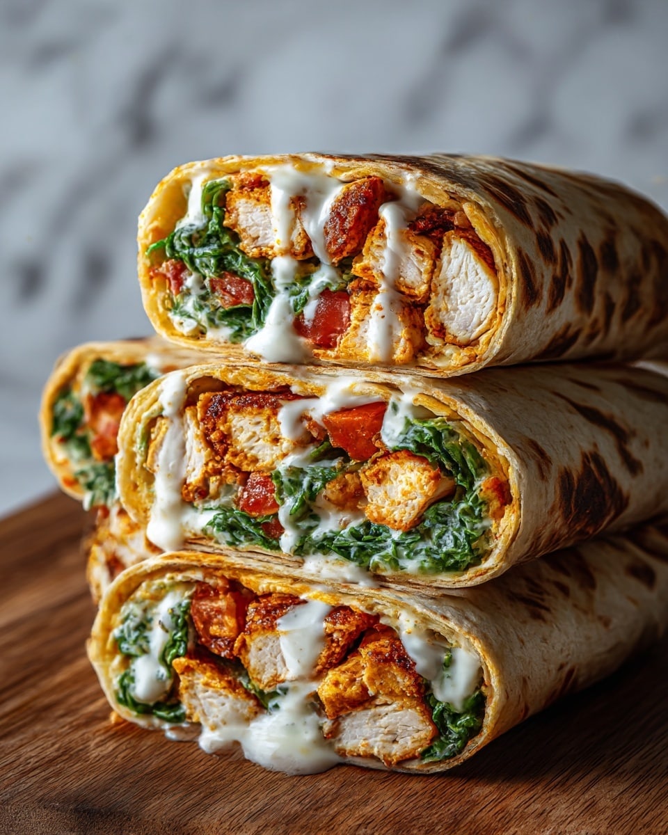 The image shows four halves of wraps stacked on a wooden board. Each wrap has a light toasted tortilla on the outside with soft grill marks. Inside, there are several layers visible: thick pieces of golden-brown grilled chicken, fresh green leafy lettuce, small pieces of red tomato, and a creamy white sauce that looks rich and slightly melted, oozing out from the edges. The wraps are tightly rolled, showing a mix of textures from the crunchy chicken to the creamy sauce and fresh vegetables. The setting is on a white marbled texture surface. photo taken with an iphone --ar 4:5 --v 7