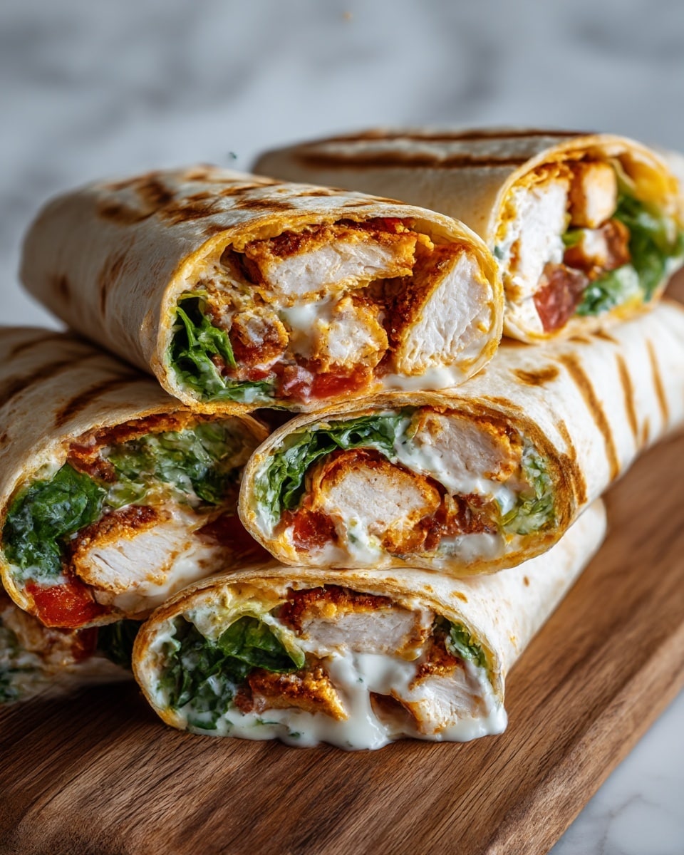 The image shows four wraps cut in half and stacked on a wooden board. Each wrap has three visible layers inside: the outer layer is a light brown flatbread with darker toasted spots; inside this is a layer of bright green leafy vegetables mixed with small red tomato pieces, adding fresh color; the innermost layer contains chunky, grilled chicken pieces with a golden-brown crispy crust, surrounded by a generous drizzle of creamy white sauce that looks smooth and slightly thick. The background is a white marbled texture. photo taken with an iphone --ar 4:5 --v 7