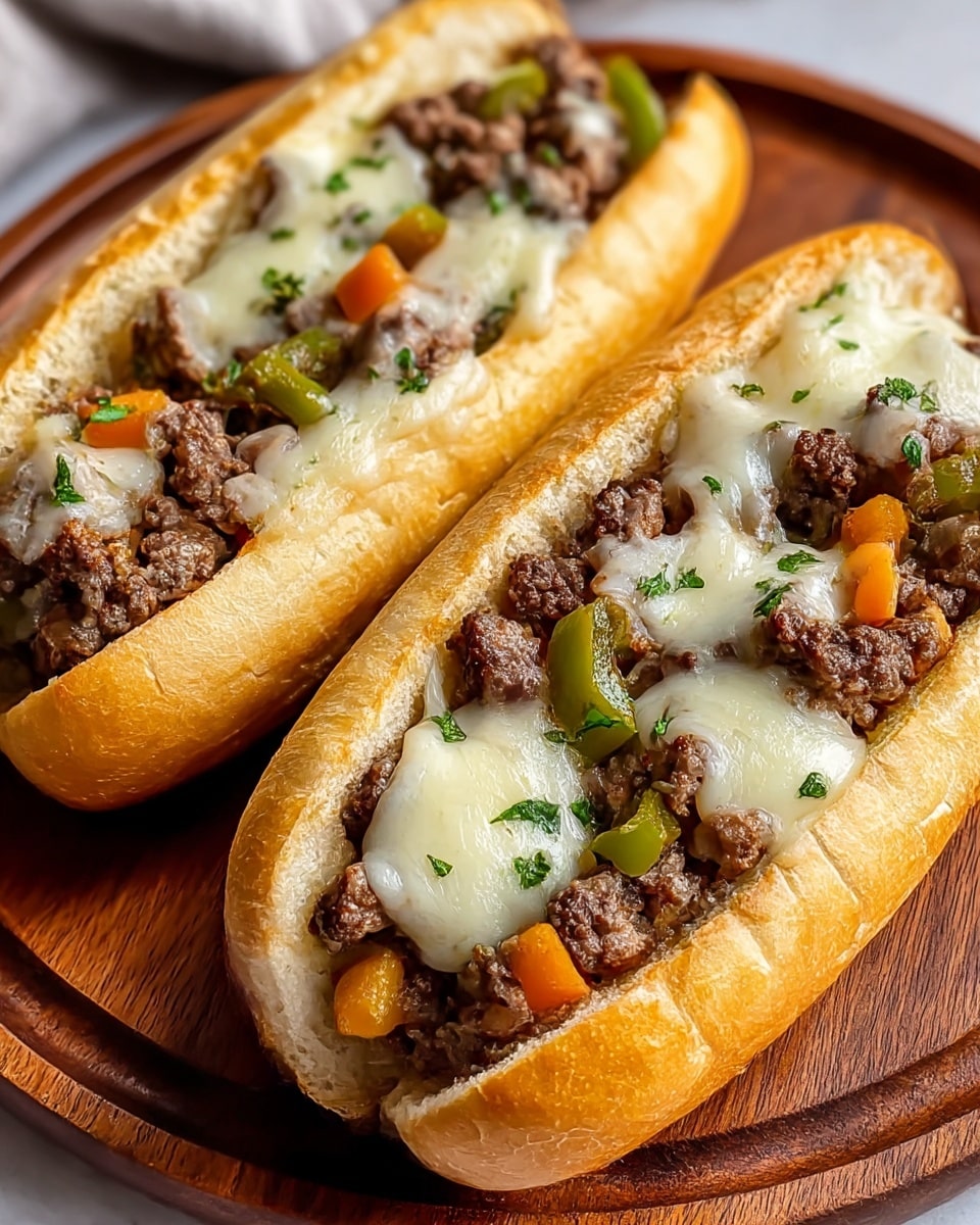 Two sandwiches sit on a wooden board, each in a soft, light golden bread roll split open horizontally. Inside, there is a thick layer of cooked ground beef mixed with small pieces of green and orange vegetables. On top of the meat, melted white cheese covers the filling unevenly, and there are small green herb pieces scattered over the cheese. The bread looks fresh and slightly soft with a smooth, shiny crust on the outside. photo taken with an iphone --ar 4:5 --v 7
