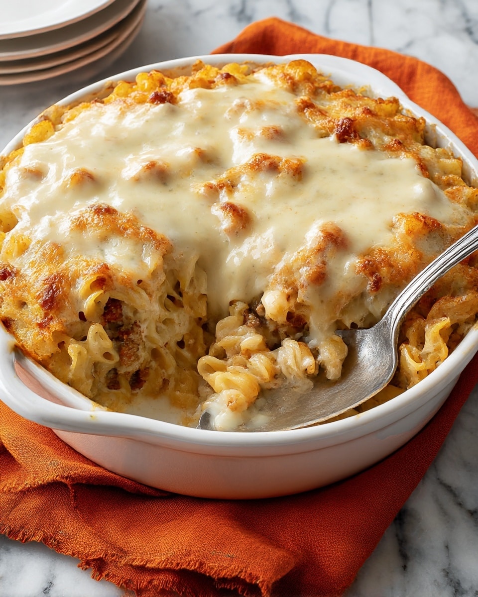 A white round baking dish holds a creamy baked pasta casserole with three large layers. The bottom layer is a mix of cooked curly pasta and browned bits of meat visible near the edges. Above this is a thick, golden-brown crust with a slightly rough texture, showing bits of browned cheese and meat peeking through. The top layer is a smooth, shiny, pale cream sauce that is spread thickly over the crust in three wide strips. A silver spoon rests in the dish, scooping pasta and sauce, all set on an orange cloth napkin over a white marbled surface. Photo taken with an iphone --ar 4:5 --v 7