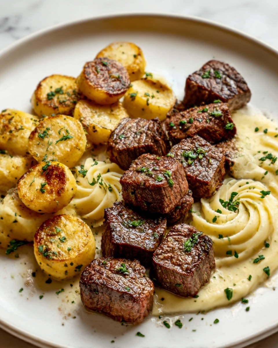 The dish shows a large white plate on a white marbled surface, filled with grilled meat medallions placed in a circular pattern in the center, each piece dark brown with grill marks and sprinkled with green herbs. Surrounding the meat are two types of mashed potatoes arranged in separate sections: one side has creamy, pale yellow mashed potatoes with a smooth texture topped with small green herb flakes, while the opposite side features mashed potatoes piped into small swirls with a golden-brown finish. photo taken with an iphone --ar 4:5 --v 7