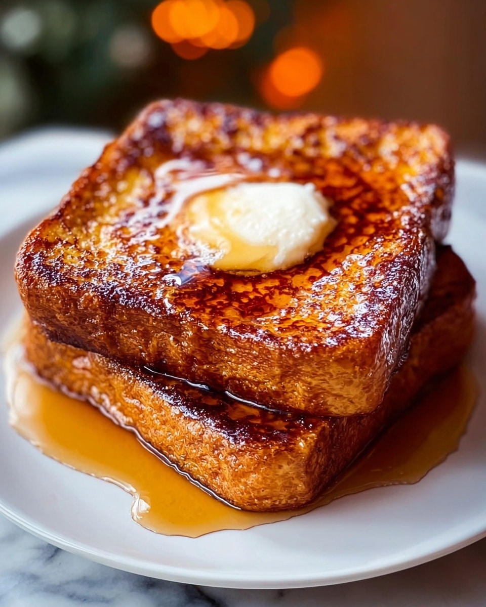 Two thick, golden brown slices of French toast are stacked on a white plate, with a shiny, sticky layer of syrup covering both slices and pooling slightly around the edges. The top slice has a small dollop of melting butter in the center, which is smooth and creamy with specks of syrup on it. The French toast shows a crispy texture with a slightly caramelized surface, and the sides of the slices reveal a soft, fluffy interior. The background includes a blurry cup and another object on a white marbled surface. photo taken with an iphone --ar 4:5 --v 7