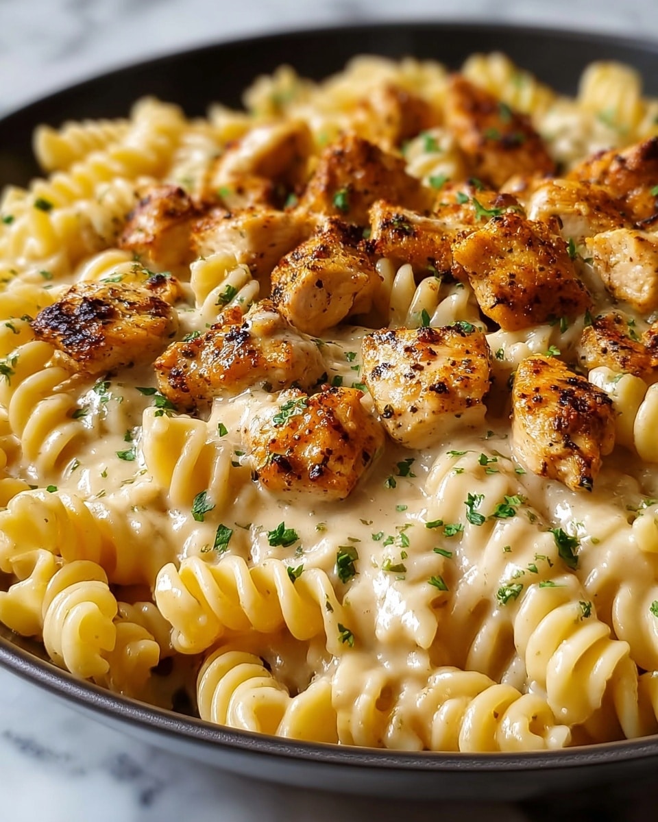 The image shows a close-up of creamy rotini pasta with small pieces of grilled chicken scattered on top. The pasta is coated in a thick, light beige cheese sauce with a smooth, glossy texture. The chicken chunks are golden brown with a slightly charred, spiced surface. Small bits of green herbs are sprinkled evenly over the pasta and chicken, adding a touch of color. The dish is served in a shallow white plate on a white marbled surface. photo taken with an iphone --ar 4:5 --v 7