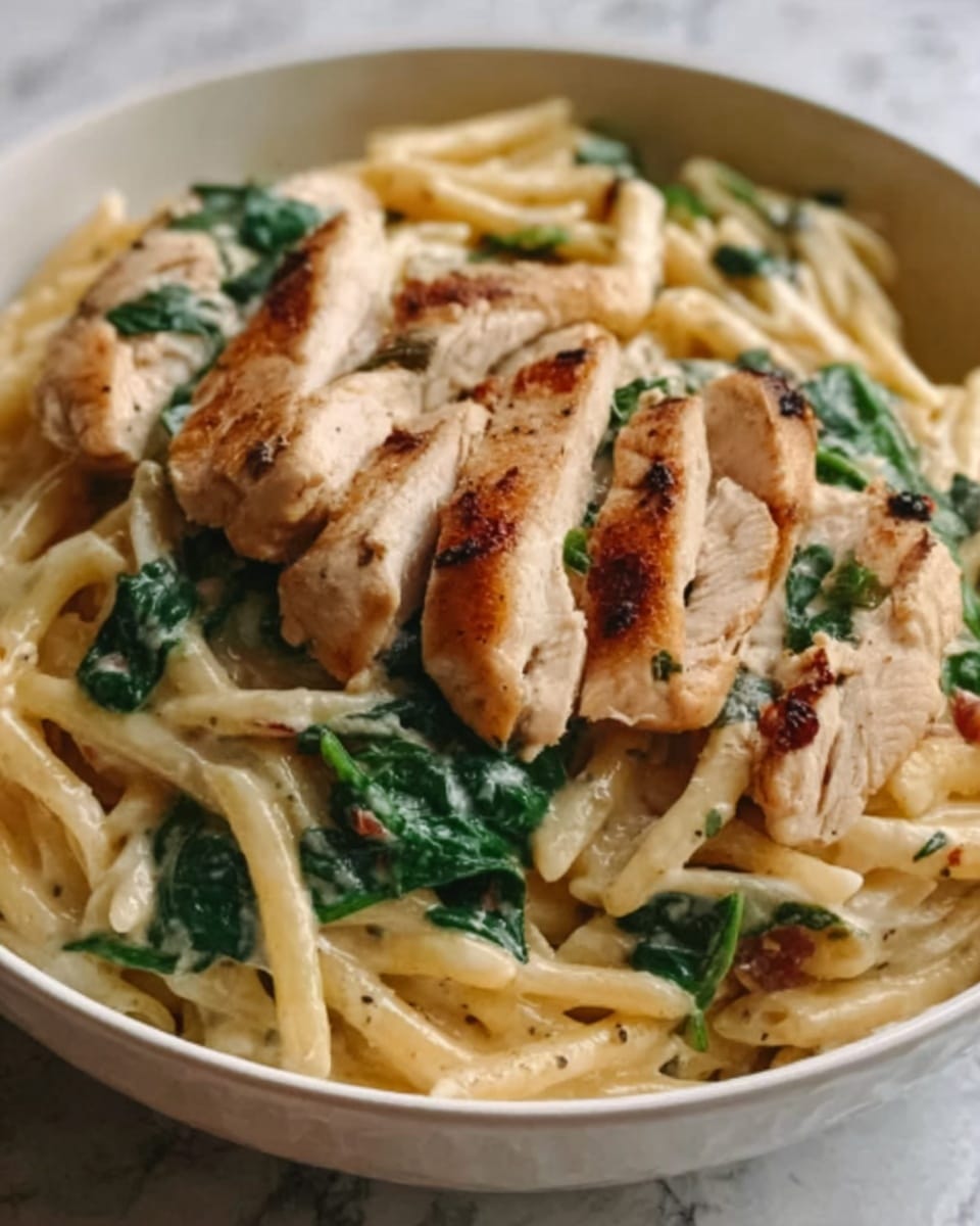 The image shows a white bowl filled with pasta, topped with slices of cooked chicken. The pasta is creamy and light-colored, mixed with green spinach leaves scattered throughout. The chicken pieces are placed on top in a neat layer, showing a lightly browned texture. The background surface is white with a marbled texture. Photo taken with an iphone --ar 4:5 --v 7
