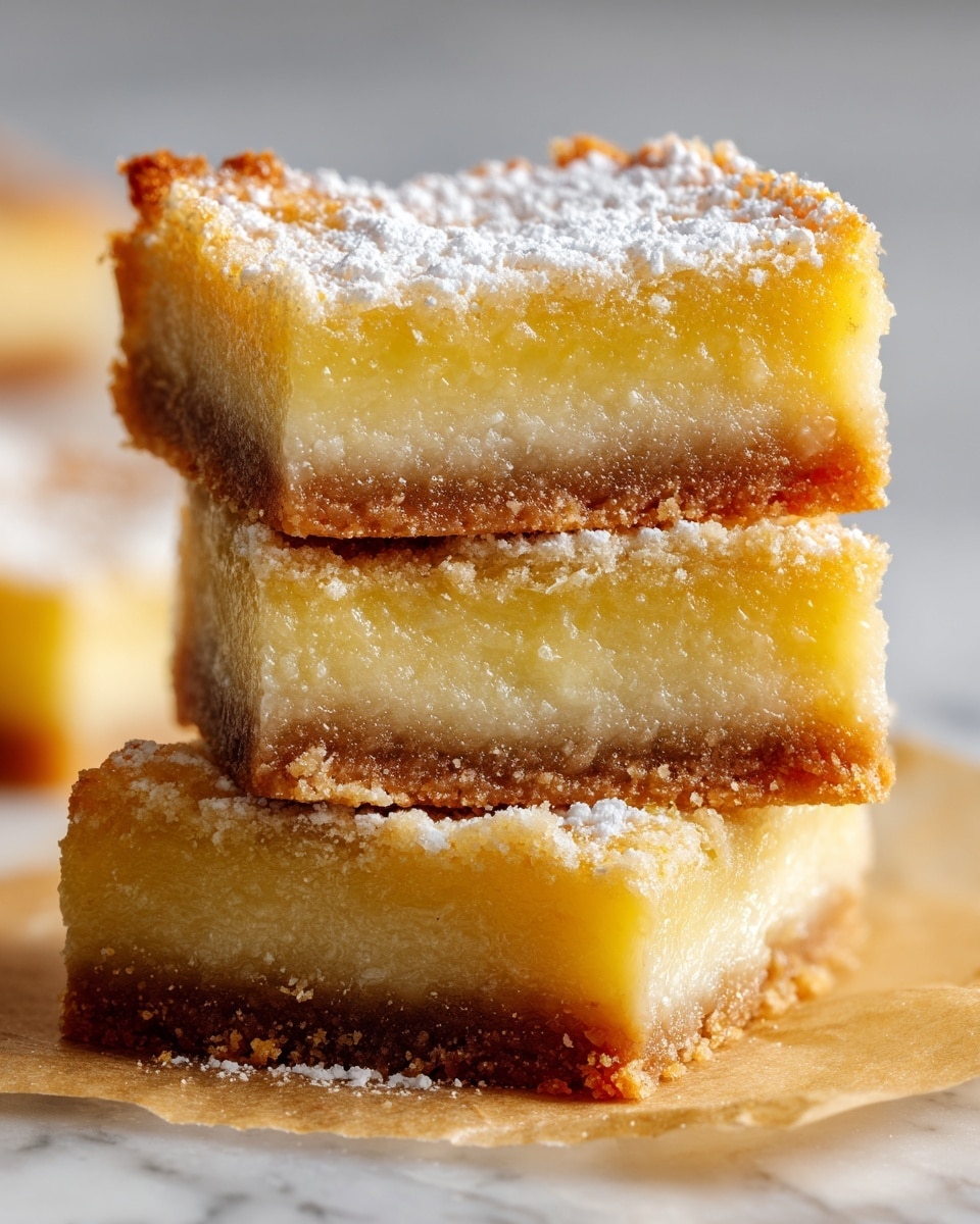 A close-up view of three stacked lemon bars showing three clear layers each: a thick, crumbly golden-brown crust at the bottom with a rough texture; a smooth, glossy pale yellow lemon filling in the middle that looks soft and slightly translucent; and a top layer of light golden crumbly crust dusted with fine white powdered sugar. The bars have slightly uneven edges and are placed on a piece of parchment paper on a white marbled surface, with soft lighting that highlights the moist texture of the lemon filling. Photo taken with an iphone --ar 4:5 --v 7