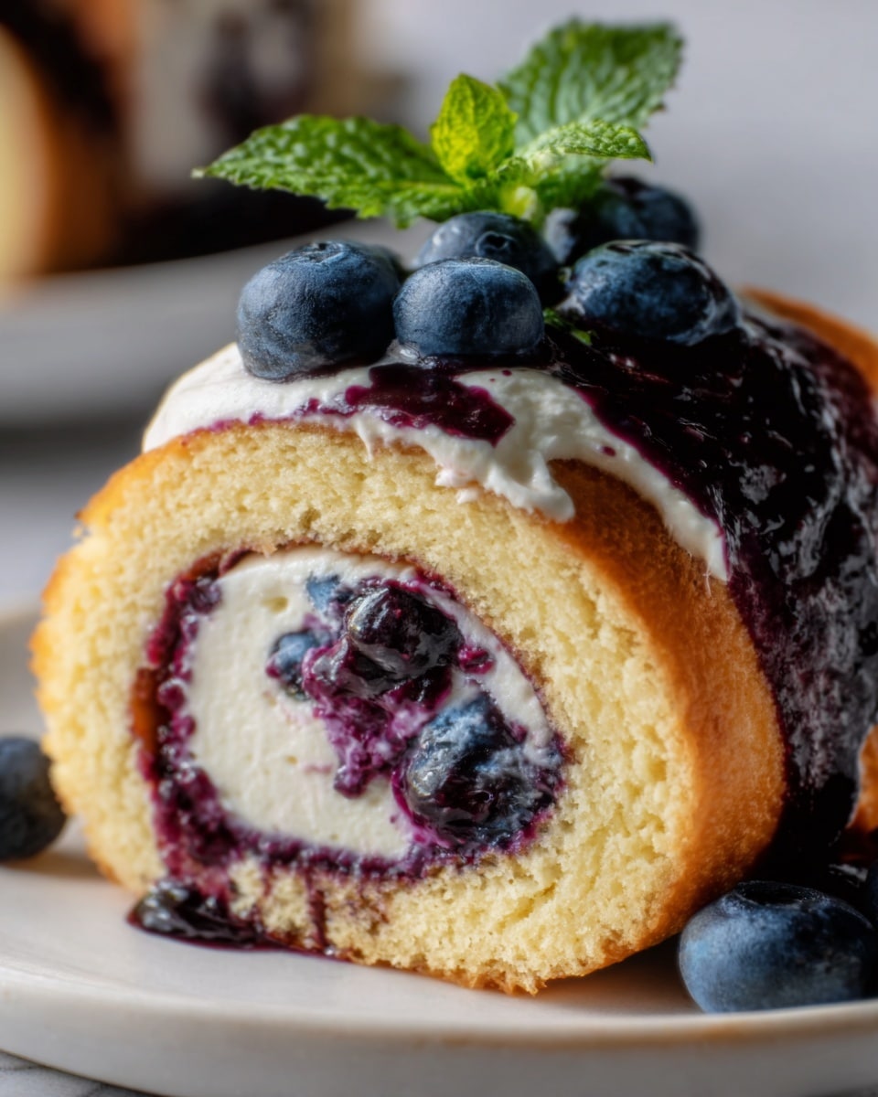 A close-up view of a rolled cake on a white plate, resting on a white marbled surface. The cake has three visible layers: a light golden sponge cake on the outside, a creamy white filling inside, and a thick layer of dark purple blueberry sauce swirled through the cream. Fresh blueberries and a small green mint leaf sit on top of the roll, adding texture and color contrast. The lighting highlights the moist texture of the cake and the glossy shine of the blueberry sauce. Photo taken with an iphone --ar 4:5 --v 7