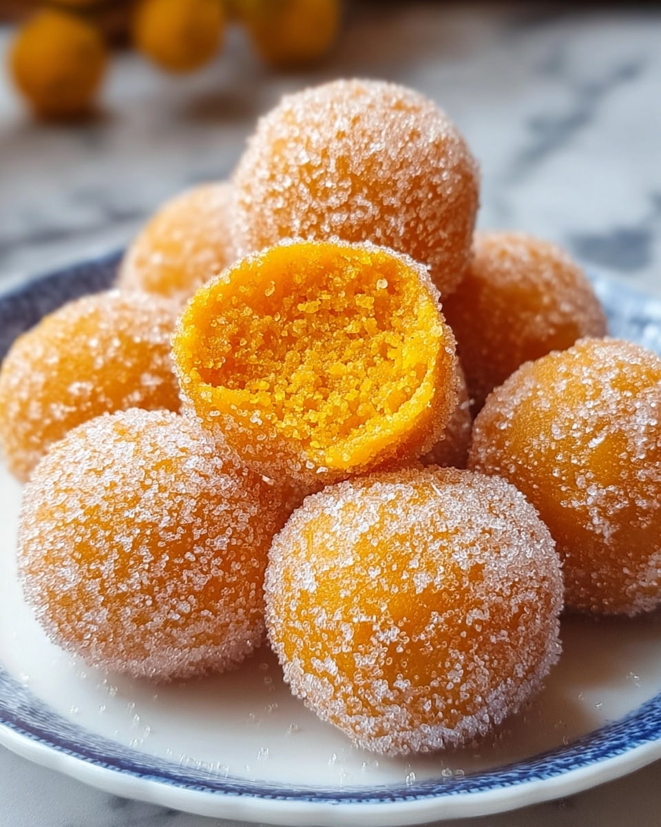 The image shows a close-up of seven round sweet balls arranged on a white plate with a blue rim. Each sweet ball has a bright orange color and is covered with a fine layer of white sugar crystals, giving them a sparkling texture. The sweet ball in the center is split open, revealing a moist, crumbly inside that is dense and bright orange. The background is softly blurred but appears to be a white marbled texture. photo taken with an iphone --ar 4:5 --v 7
