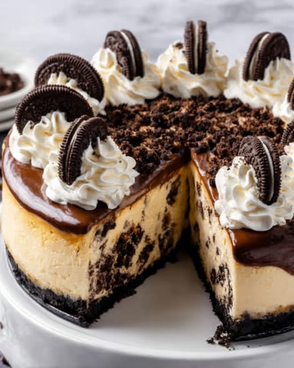 A round cheesecake with a dark cookie crumb crust at the bottom, topped with a thick layer of creamy, light yellow cheesecake mixed with cookie pieces. The top has a thick, smooth layer of glossy chocolate ganache, sprinkled with crumbled cookie bits. Around the edge, there are eight swirls of white whipped cream, each with a half cookie placed vertically. The cake is sliced, showing the layers clearly, and is on a white plate set on a white marbled surface. Photo taken with an iphone --ar 4:5 --v 7