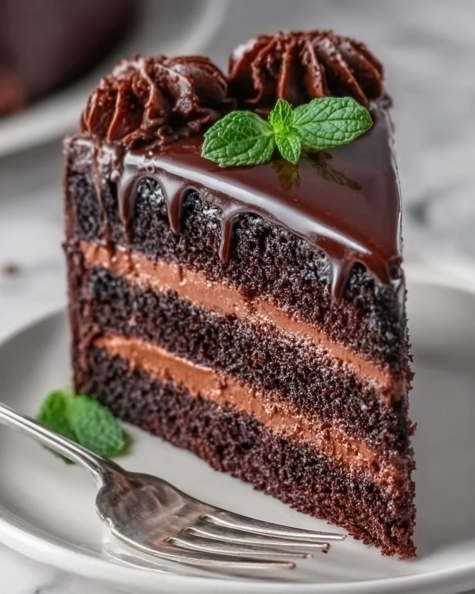 A close-up image of a three-layer chocolate cake slice on a white plate, each cake layer is dark brown and moist, separated by smooth, medium brown chocolate cream layers. The top layer is covered with thick, glossy dark chocolate ganache, decorated with a swirl of rich chocolate frosting and two fresh green mint leaves. The background is a white marbled surface, with a silver fork placed in front of the plate. Photo taken with an iphone --ar 4:5 --v 7