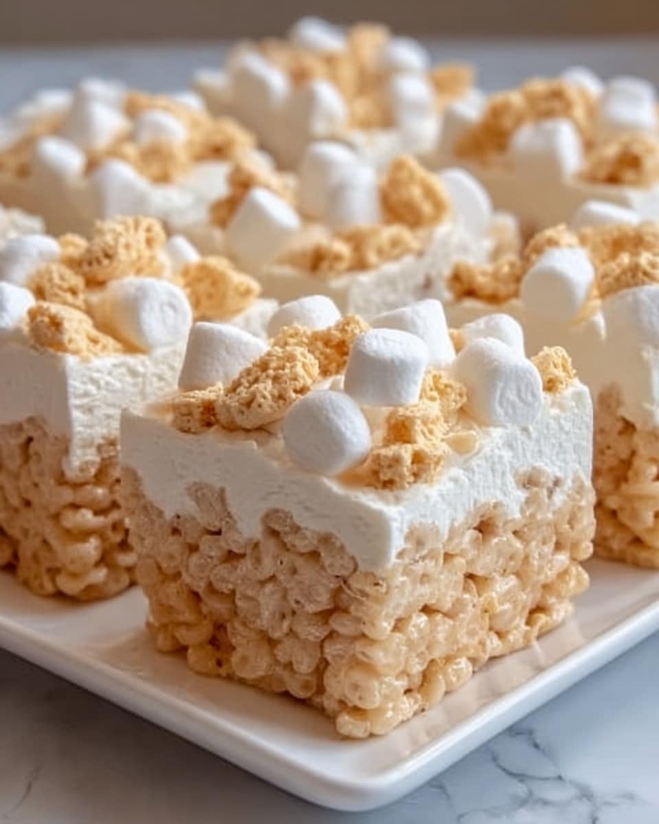 The image shows multiple square-shaped treats arranged neatly on a white rectangular plate placed on a white marbled surface. Each treat has two visible layers: a bottom layer made of light golden, crispy rice cereal clumped together, and a thick, creamy white top layer that looks smooth and soft. The top layer is decorated with small white mini marshmallows and pieces of light brown crunchy cereal scattered evenly across the surface, adding texture contrast. The lighting highlights the glossy, creamy texture of the top layer and the crunchy texture of the cereal base. Photo taken with an iphone --ar 4:5 --v 7