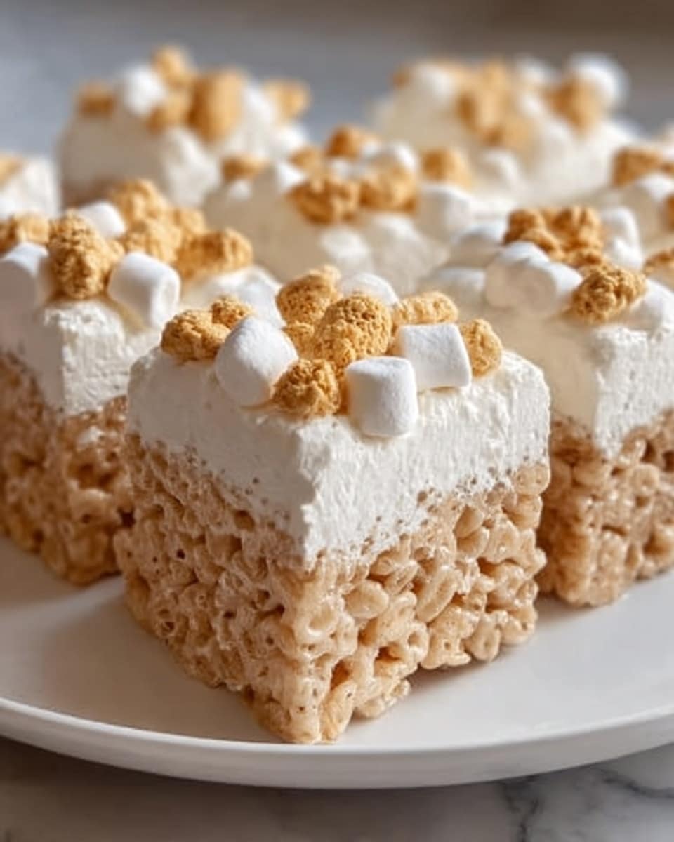 The image shows several square treats arranged closely on a white plate, each with three layers. The bottom layer is made of crispy rice cereal in a light tan color with a rough texture. The middle layer is smooth white marshmallow cream, thick and evenly spread. The top layer has small pieces of white marshmallows and golden brown cereal clusters scattered on top for decoration. The plate sits on a white marbled surface. The photo taken with an iphone --ar 4:5 --v 7