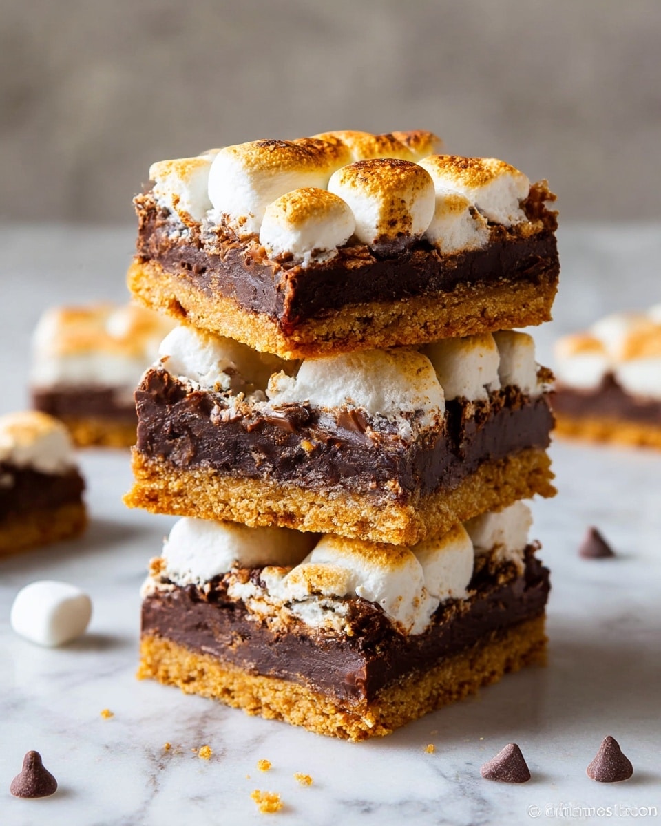The image shows a stack of four dessert bars on a white marbled surface, each bar made up of three layers. The bottom layer is a golden brown crumbly crust that looks crunchy. The middle layer is thick, dark chocolate with a slightly rough texture and chunks visible inside. The top layer features lightly toasted marshmallows with a soft, fluffy texture and a golden-brown color on top, creating a bubbly surface. There are a few chocolate chips and crumbs scattered around the stack on the surface. photo taken with an iphone --ar 4:5 --v 7
