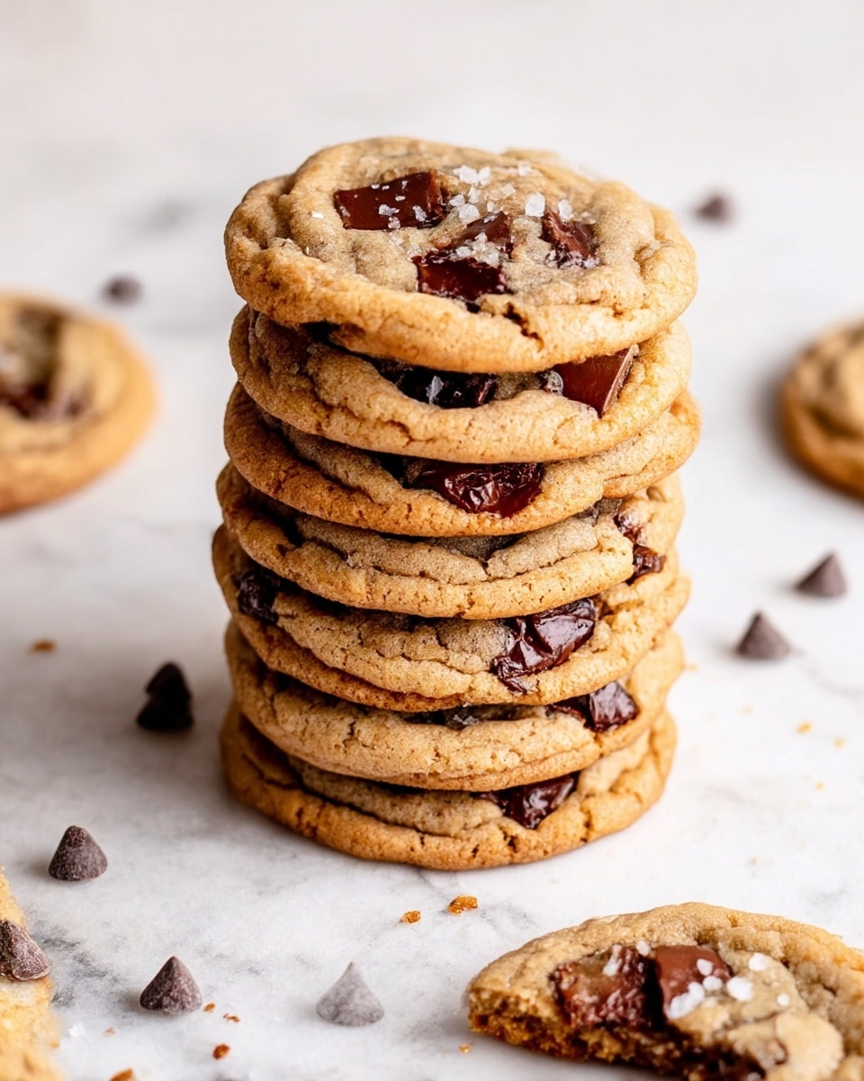 A tall stack of soft, golden brown chocolate chip cookies stands in the center, each cookie showing a slightly crinkled texture with melted dark chocolate chunks embedded throughout. Around the stack, there are extra cookies lying flat and one partially eaten cookie at the back, revealing its chewy inside. Scattered chocolate chips and chunks rest loosely on a white marbled surface, adding a casual touch. The lighting is bright, highlighting the sugary crisp edges and gooey chocolate spots. Photo taken with an iphone --ar 4:5 --v 7