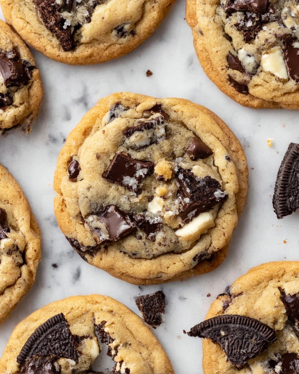 The image shows large, round cookies with a golden-brown edge and soft beige center filled with broken pieces of black and white sandwich cookies and scattered dark brown chocolate chips. There are about five cookies visible, placed on a white marbled surface, with crumbs and cookie pieces around them, giving a close-up view of the different textures between the crumbly cookies, smooth chocolate chips, and crunchy sandwich cookie bits. Photo taken with an iphone --ar 4:5 --v 7