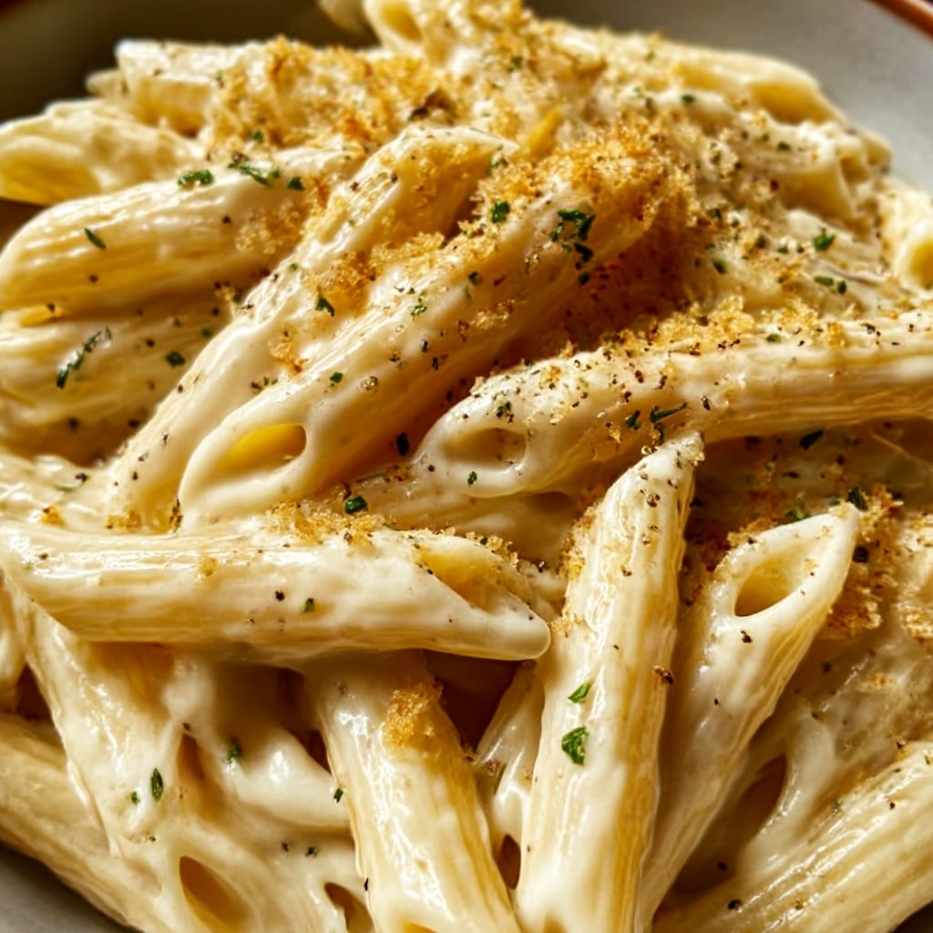 A close-up view of creamy penne pasta coated in a smooth, white sauce made from cheese and cream, sprinkled with small green herb pieces and a light dusting of black pepper on top. The pasta tubes are thick and shiny, tightly packed together in an even layer, sitting on a clean white plate. The background shows a white marbled texture, highlighting the creamy colors of the dish. photo taken with an iphone --ar 4:5 --v 7