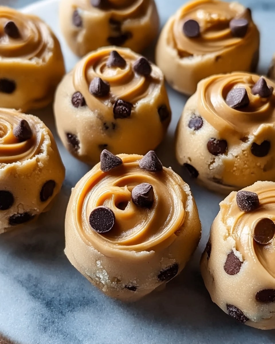 The image shows small, round scoops of cookie dough arranged closely together on a rectangular white plate with a white marbled background. Each scoop has a smooth, light brown base with dark chocolate chips mixed inside and spread on top. A swirl of creamy peanut butter is drizzled over the top of each scoop, adding a rich golden color and smooth texture contrasted with the small, round dark chocolate chips. The scoops look soft and slightly shiny, showing a fresh and appetizing texture. photo taken with an iphone --ar 4:5 --v 7
