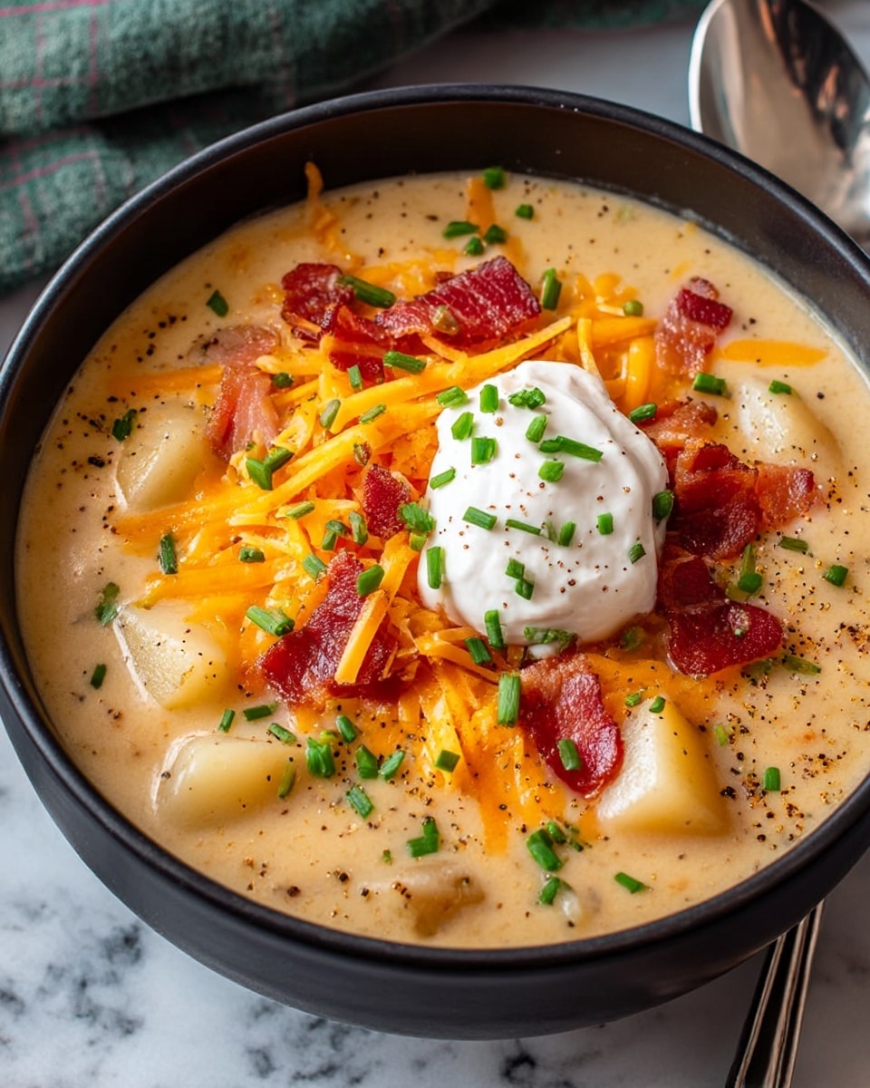 A bowl filled with creamy beige potato soup containing visible light yellow potato chunks. On top, there is a generous pile of bright orange shredded cheese, topped with a dollop of white sour cream. Around the sour cream, small crispy reddish-brown bacon pieces and chopped green onion slices are scattered evenly. The soup is served in a white bowl on a white marbled surface, with a silver spoon seen on the left side partly visible. The soup surface shows small black pepper specks throughout. photo taken with an iphone --ar 4:5 --v 7