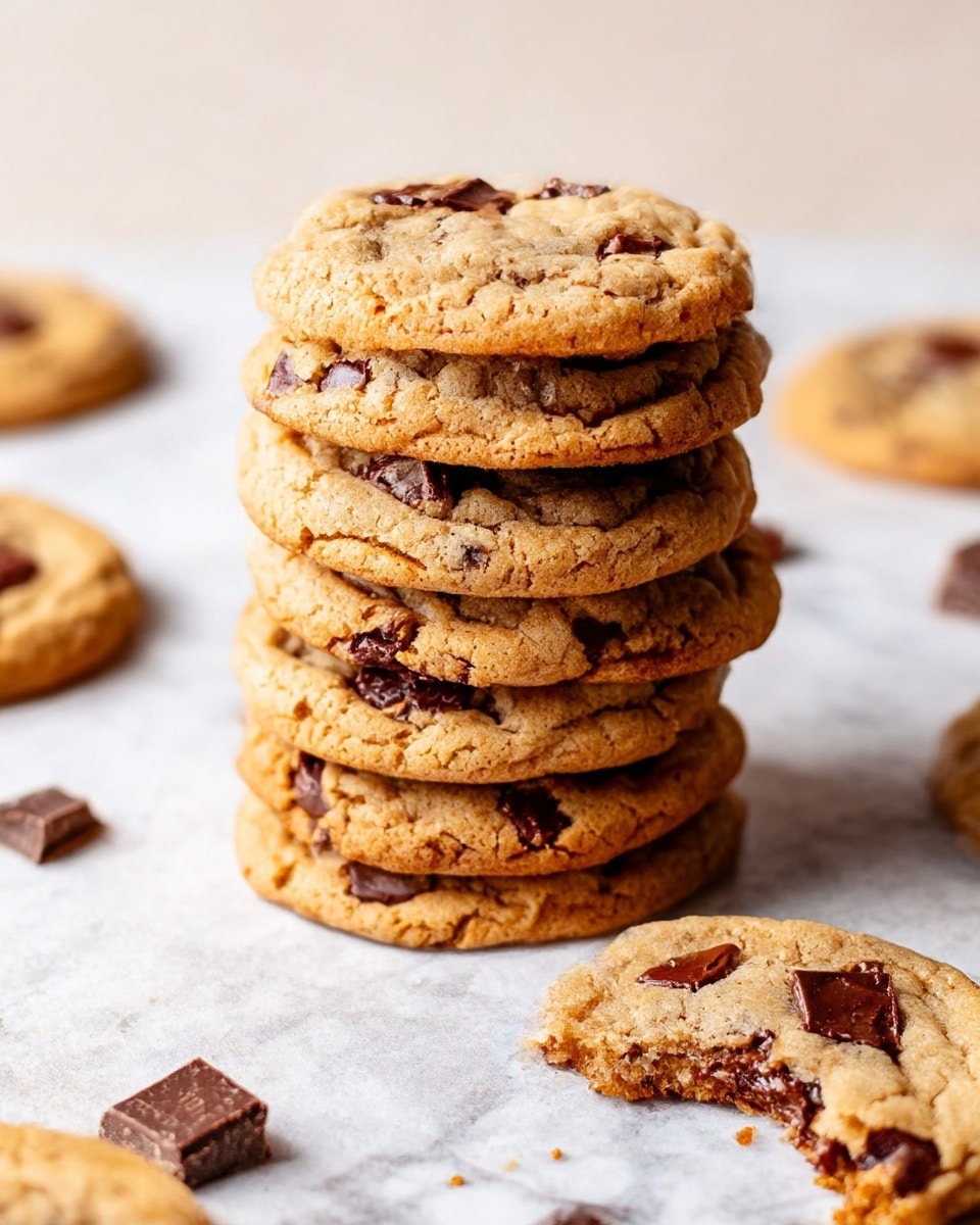 A tall stack of seven golden brown chocolate chip cookies is centered on a white marbled surface. Each cookie has a soft, slightly crinkled texture with dark melted chocolate chunks scattered throughout. Around the stack, a few loose cookies and chocolate chips are spread casually on the surface. In the lower right corner, part of a white cloth is visible. The whole scene is softly lit, showing warm tones and a cozy, homemade feel. photo taken with an iphone --ar 4:5 --v 7