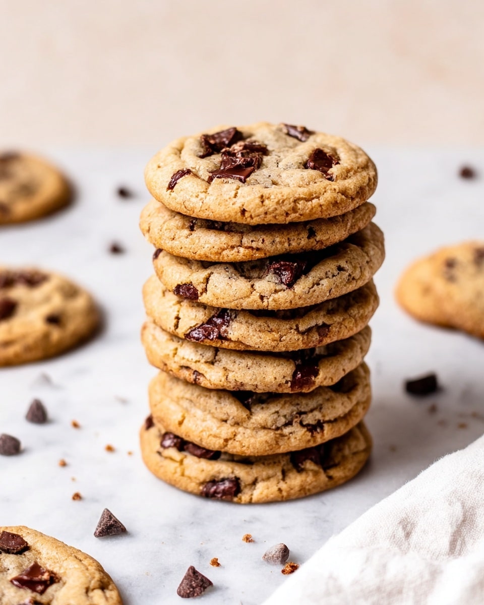 A tall stack of seven golden-brown chocolate chip cookies with visible melted chocolate chunks and a slightly rough, crinkled texture rests on a white marbled surface. Around the stack, there are scattered chocolate pieces and three more cookies lying flat, one partially eaten with a bite taken out, showing a soft interior. The overall look is warm and inviting with a close-up focus on the rich, gooey chocolate and the crisp edges of the cookies. photo taken with an iphone --ar 4:5 --v 7