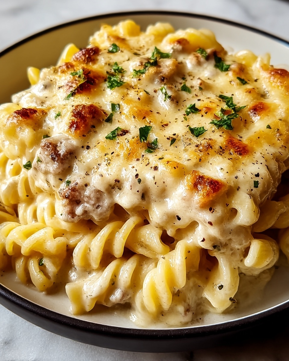 A close-up of a creamy baked pasta dish served in a white bowl, showing two main layers: the bottom layer is twisted yellow pasta pieces coated in rich, smooth white cheese sauce; the top layer has browned, slightly crispy cheese and chunks of cooked ground meat mixed throughout, sprinkled with small green herb pieces, all sitting on a white marbled surface. photo taken with an iphone --ar 4:5 --v 7