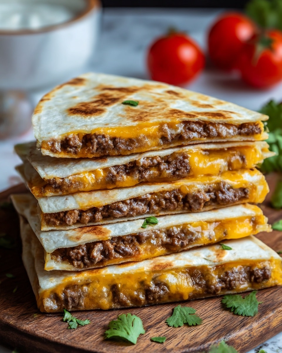 The image shows a stack of four quesadilla slices arranged neatly on a wooden board. Each slice has layers starting with a golden crispy tortilla on the top and bottom, inside filled with melted orange cheddar cheese and cooked ground beef that looks juicy and textured. Small bits of chopped green herbs are sprinkled on top for color. The background features a white marbled surface with blurred cherry tomatoes and small bowls of pickles and salt in soft focus. Photo taken with an iphone --ar 4:5 --v 7