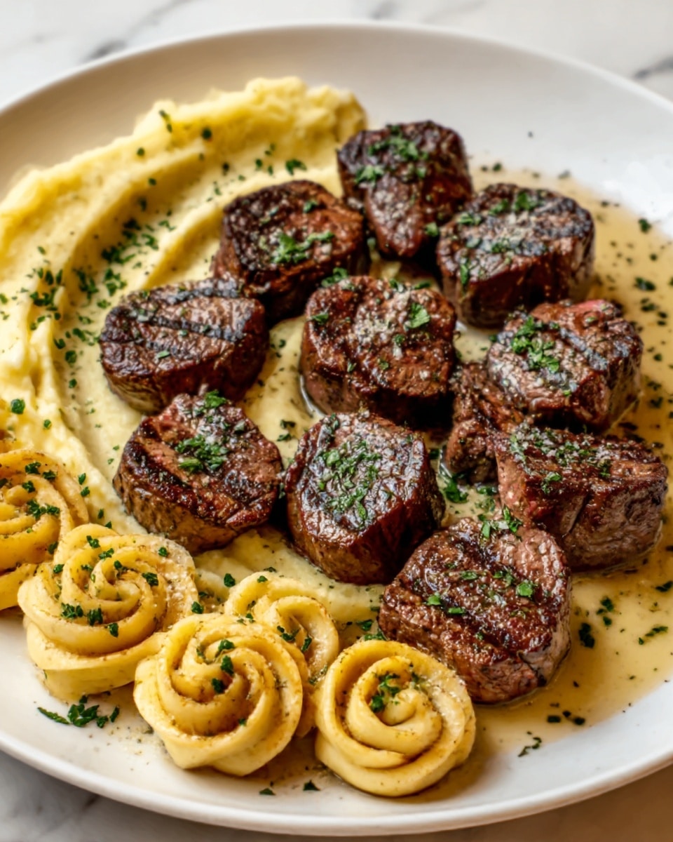A white plate on a white marbled surface holds a neatly arranged dish with three layers of food. In the center, there are several small, thick pieces of grilled steak with a brown, slightly charred texture and small green herb garnishes sprinkled over them. To the left of the steak, there are round, golden brown potato slices with a crispy appearance. On the right side, there are creamy mashed potato swirls with a smooth texture, topped with small green herbs. Photo taken with an iphone --ar 4:5 --v 7