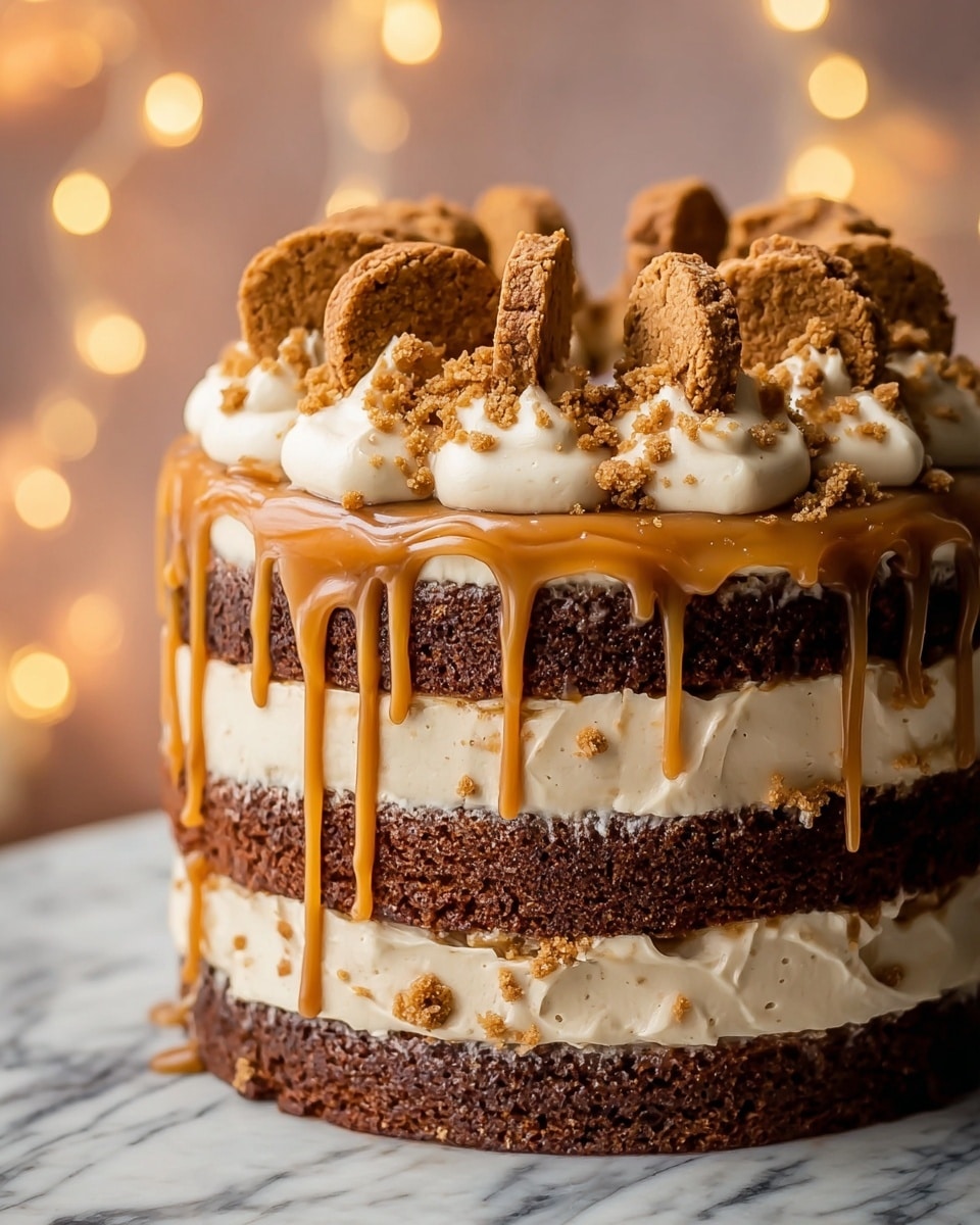 This image shows a close-up of a three-layer cake with dark brown sponge layers. Between the layers, there is a thick pale cream filling mixed with chunks of brown cookies. The top layer is decorated with large dollops of the same pale cream, each topped with more cookie pieces. A shiny caramel sauce is dripping down the sides of the cake, adding a glossy amber color. The cake sits on a white plate against a white marbled surface, with warm blurry yellow lights in the background. Photo taken with an iphone --ar 4:5 --v 7