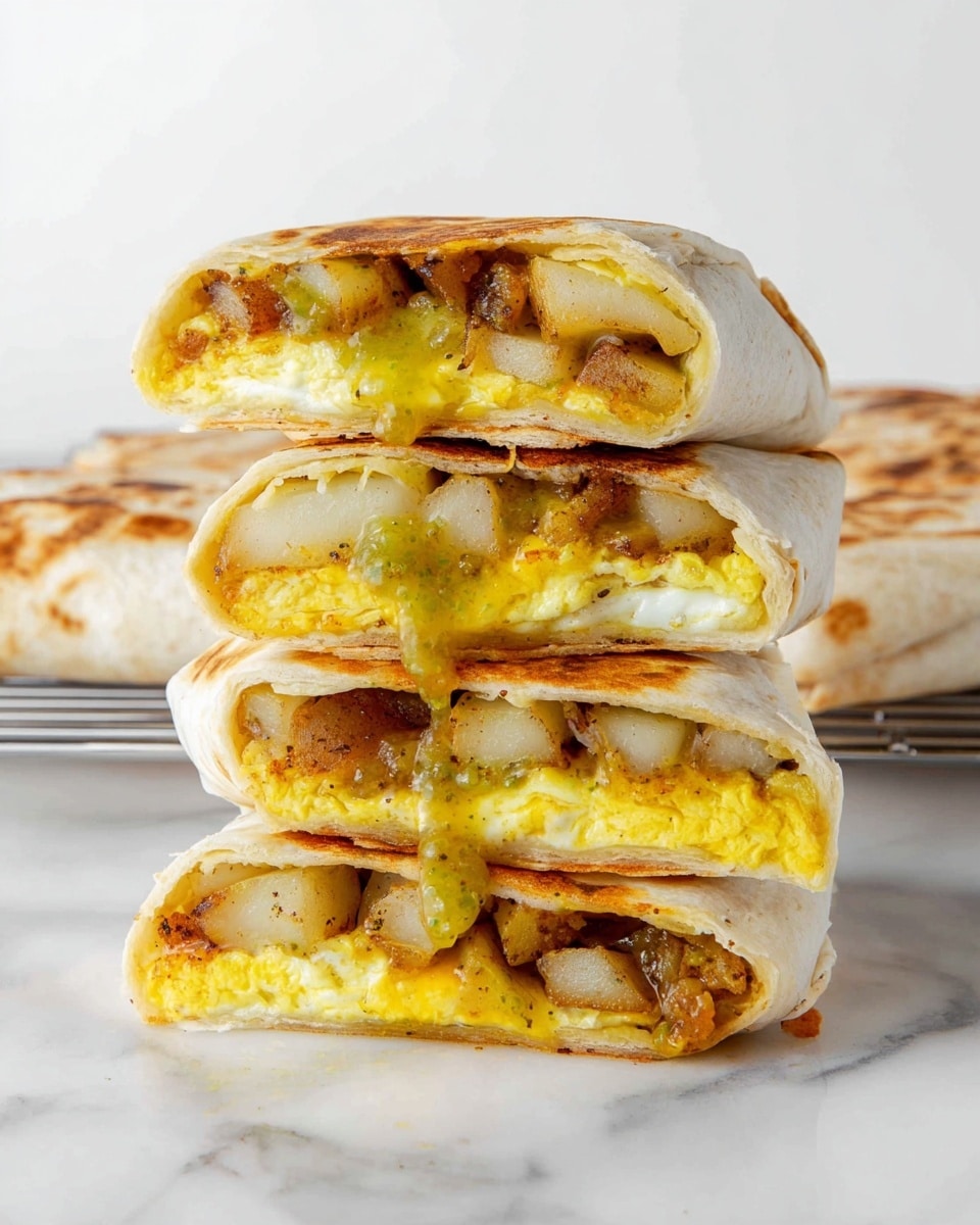 A stack of four folded breakfast wraps is shown on a white marbled surface, each wrap cut in half to reveal three visible layers inside: a soft, light beige flatbread on the outside, a bright yellow folded egg layer in the middle, and a filling of golden-brown crispy potato pieces on top of the egg. There is some melting yellow cheese oozing from the edges between the layers. In the background, whole flatbreads rest on a wire rack, and a small wrapped flatbread is near the stack. The image is bright and clean with the wraps centered. photo taken with an iphone --ar 4:5 --v 7