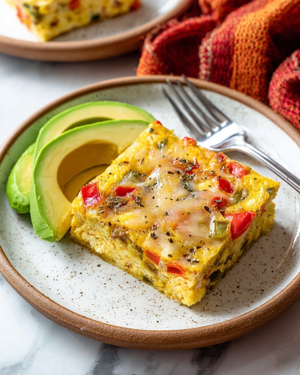 A single square slice of a baked egg dish with visible chunks of red and green bell peppers, and bits of browned cheese melted on top, sitting in the center of a white ceramic plate with brown speckles and a light brown rim, next to three overlapping slices of fresh green avocado on the right side; a silver fork rests on the plate above the avocado. The surface beneath the plate is white with a marbled texture. Photo taken with an iphone --ar 4:5 --v 7