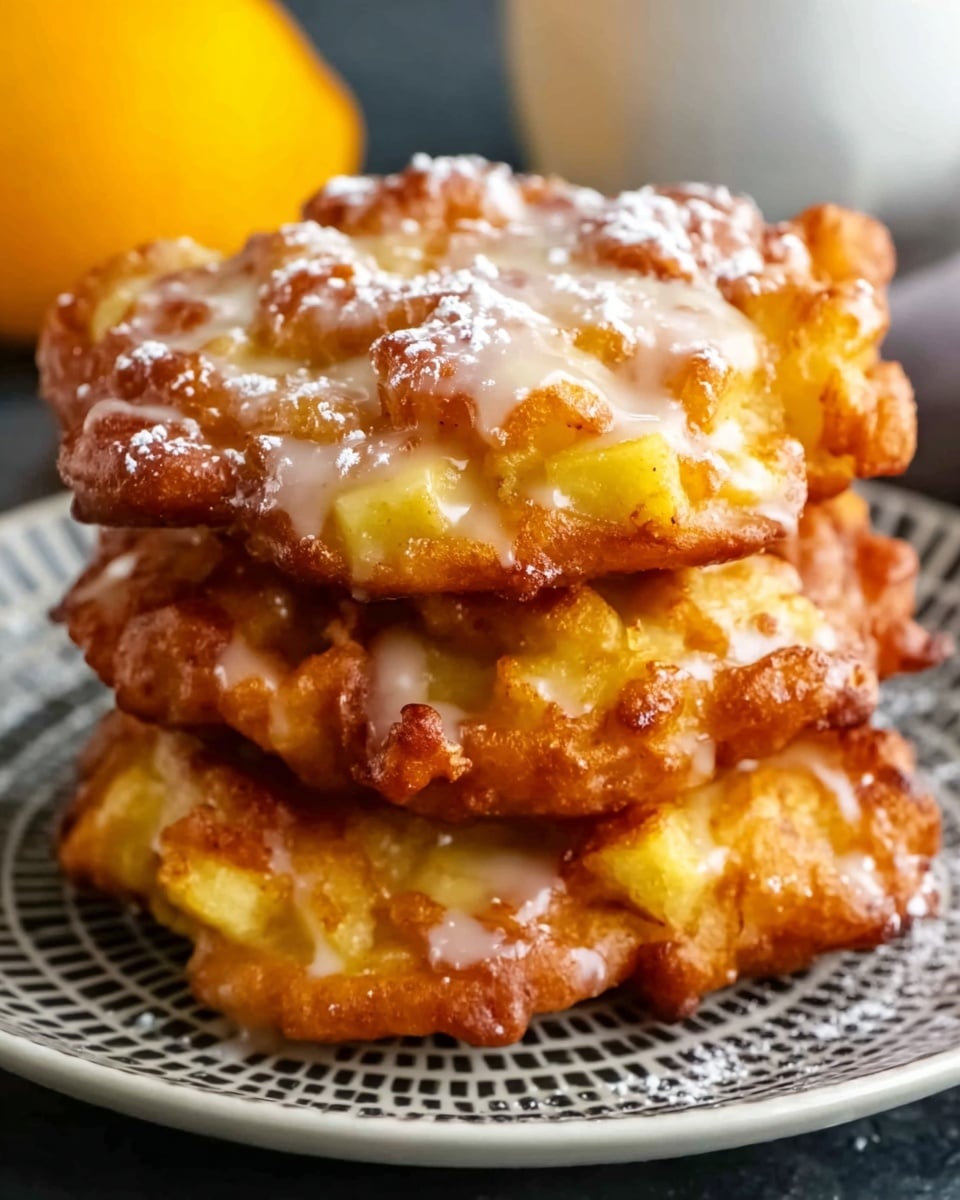 The image shows a stack of four thick apple fritters on a white round plate with small white speckles. Each fritter has a crunchy golden-brown exterior with visible chunks of pale yellow apple inside. The fritters are covered lightly with white powdered sugar, which contrasts nicely with the warm tones of the fritters. The background is a white marbled texture, giving the scene a clean and fresh look. Photo taken with an iphone --ar 4:5 --v 7