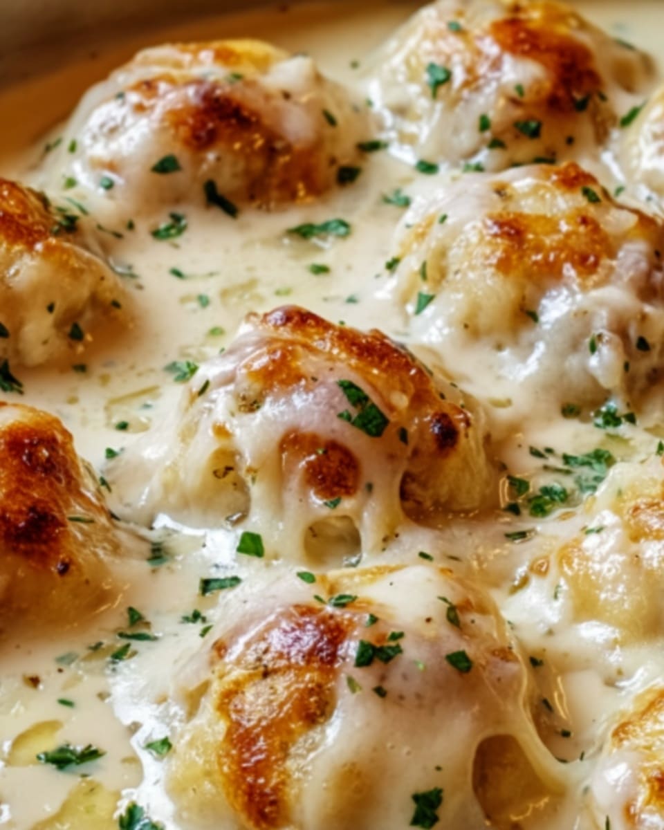 The image shows a close-up of a baked dish with soft golden-brown dumplings or bread pieces covered in a thick, creamy white sauce. The sauce has small specks of green herbs sprinkled on top, adding color and texture. The dumplings have a slightly glossy and smooth surface with bubbly, melted cheese blending into the sauce. The whole dish sits on a white marbled surface. Photo taken with an iphone --ar 4:5 --v 7