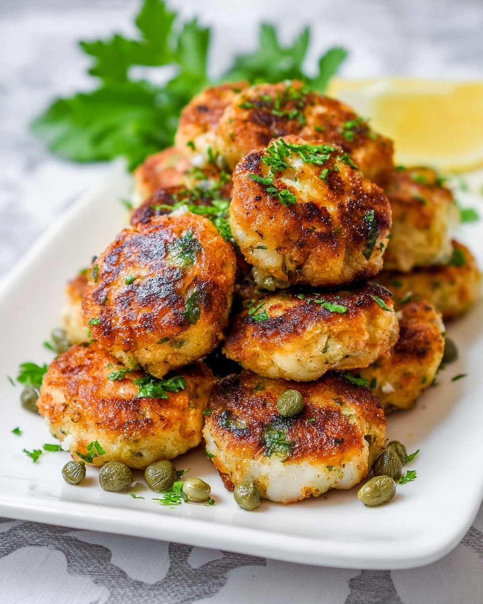 The image shows a pile of golden-brown meatballs on a white rectangular plate. Each meatball is round with a crisp, slightly charred surface, and visible bits of green herbs and small capers scattered on top and around them. The meatballs have a rough texture and look juicy inside. There is a small wedge of lemon placed on the far end of the plate. In the background, soft-focus green leafy garnish adds a fresh touch, all set on a white marbled surface. photo taken with an iphone --ar 4:5 --v 7