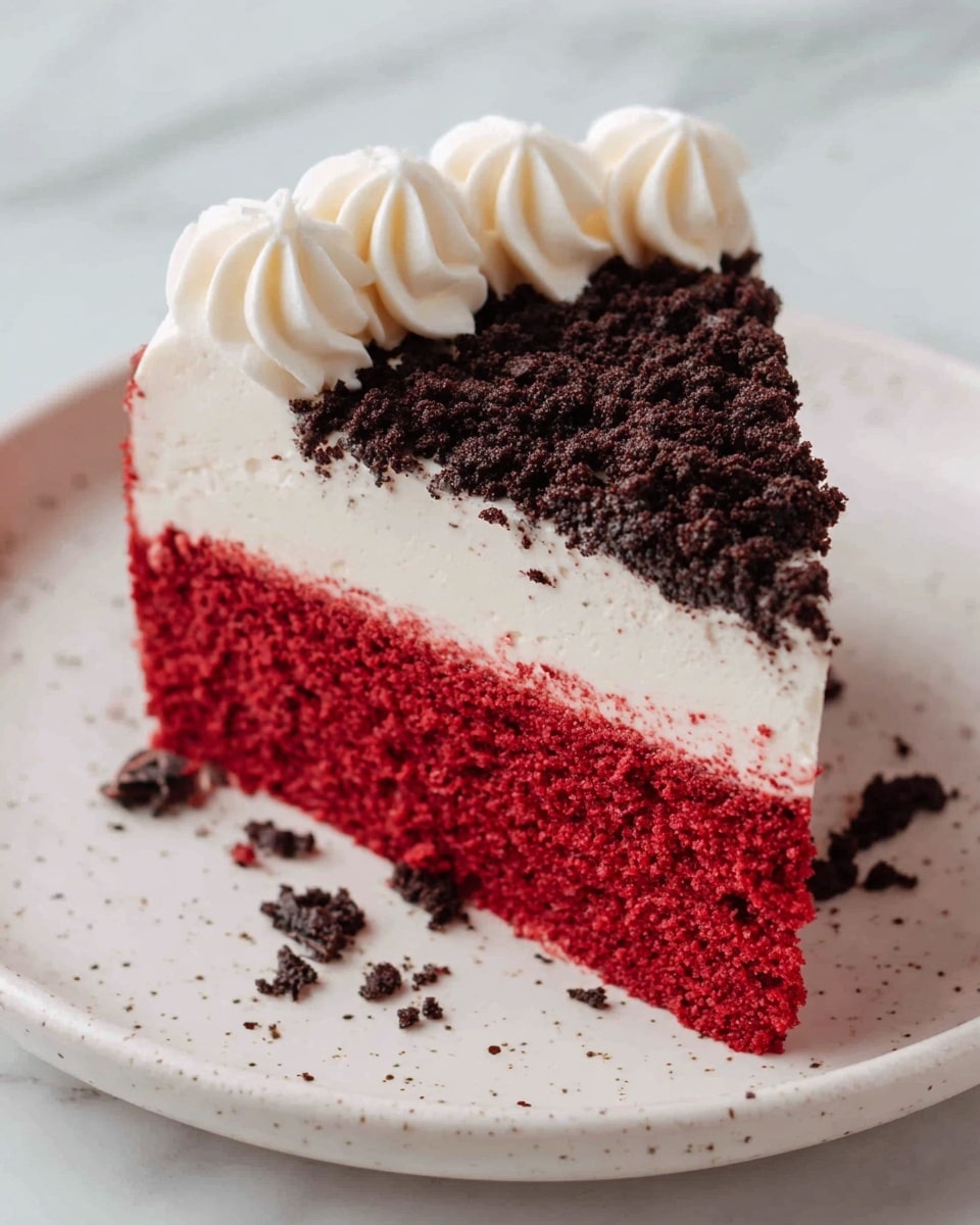 A slice of red velvet cake is placed on a white speckled ceramic plate set on a white marbled surface. The cake has two clear layers: a thick bottom layer of bright red, soft and moist cake, topped with a thick dark chocolate crumb layer. On top of the cake, there is a swirl of white creamy frosting, smooth and fluffy, located at the wider end of the slice. Some dark crumbs are scattered lightly on the plate around the cake slice. Photo taken with an iphone --ar 4:5 --v 7
