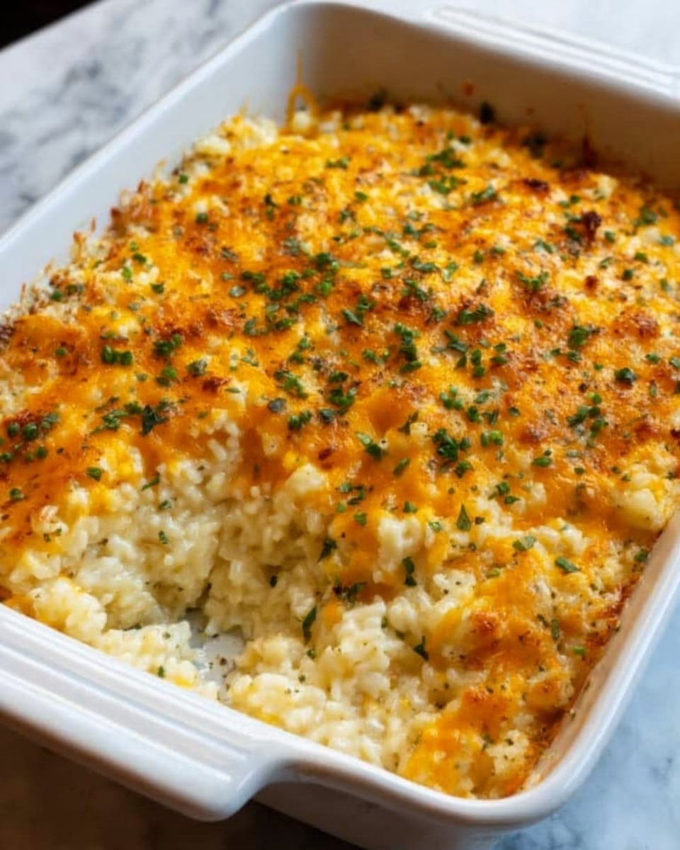 The image shows a white rectangular baking dish filled with a creamy baked rice casserole. The top layer is golden brown melted cheese with some herbs sprinkled on it, giving a slightly crispy and textured look. Below the cheese, there is a thick layer of creamy white rice mixed with sauce, visible where a portion has been scooped out. The dish is placed on a white marbled surface. Photo taken with an iphone --ar 4:5 --v 7