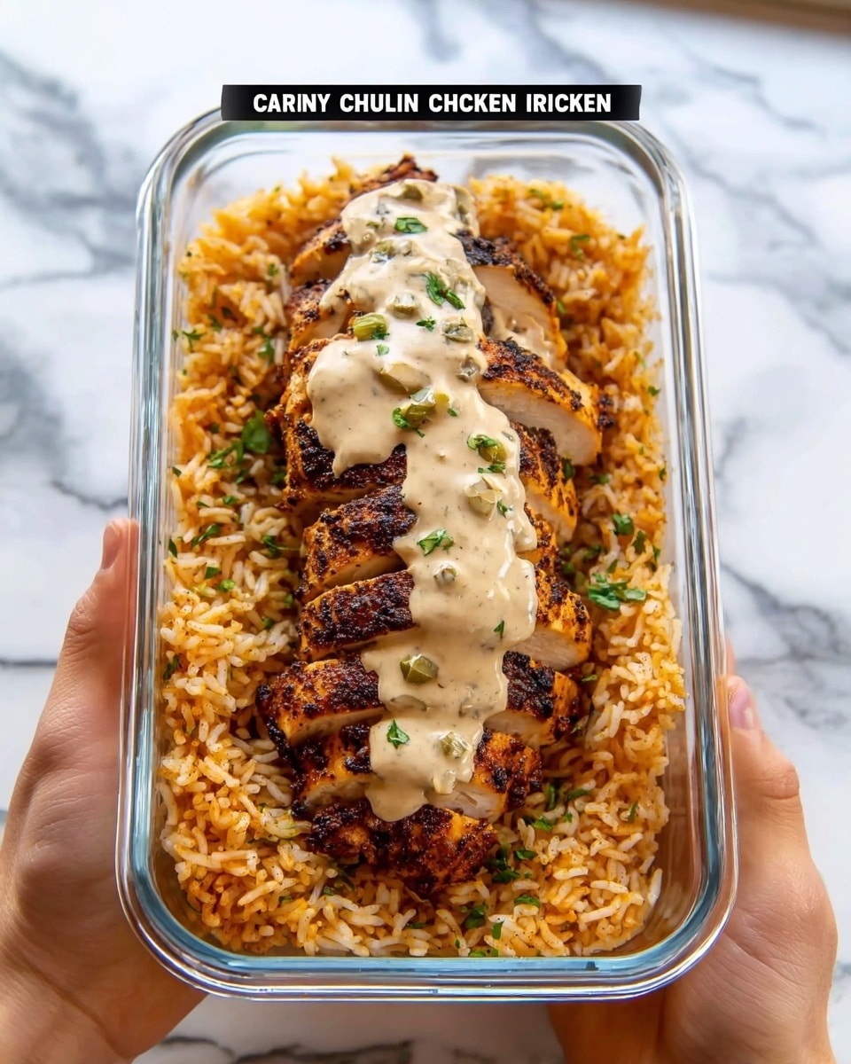 A clear glass rectangular container holds a meal of creamy Cajun chicken and rice. At the bottom, there is a layer of fluffy, seasoned rice colored a light orange with visible small herbs scattered throughout. On top of the rice are thick slices of grilled chicken breast with a rich dark brown and blackened Cajun seasoning crust. A creamy, light beige sauce is drizzled over the chicken, partially covering it and adding a smooth texture contrast. Small green herb bits garnish the dish. The container is held by two woman's hands against a white marbled surface. Photo taken with an iphone --ar 4:5 --v 7