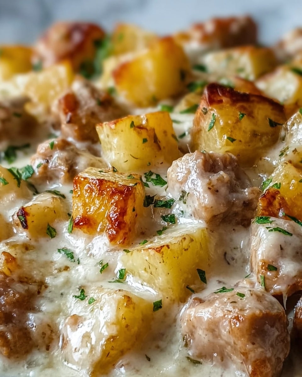 This close-up image shows a creamy dish made of browned, cooked chunks of meat and golden, slightly crispy potato pieces mixed in a thick white sauce. The sauce covers the ingredients almost fully but has a smooth and shiny texture, with small green herb bits sprinkled on top. The cooked meat pieces vary in light brown to golden color with some parts looking soft and moist. The potatoes are cut into uneven cubes with caramelized edges that add a crunchy look. All the pieces are in a pile with no visible plate edges, set against a white marbled background. Photo taken with an iphone --ar 4:5 --v 7