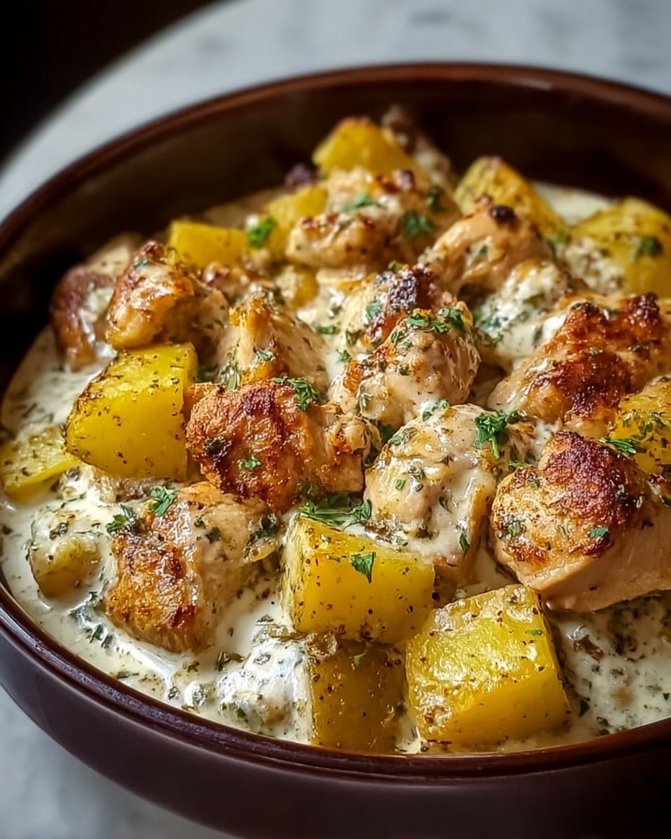 The dish shows a single layer of browned chicken pieces with a crispy golden texture, mixed evenly with a layer of yellow roasted potato chunks that have a slightly crisp skin. Both the chicken and potatoes are covered in a creamy white sauce speckled with green herbs, and small bits of parsley or similar herbs are scattered on top, adding a fresh touch. The food is served in a round dark brown bowl, placed on a white marbled surface. photo taken with an iphone --ar 4:5 --v 7