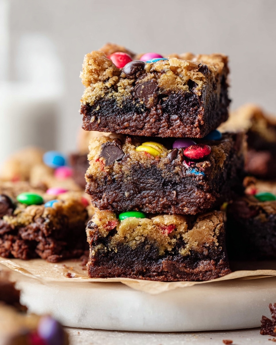 A stack of thick square bars with two layers: the bottom layer is dark chocolate brownie with a dense, moist texture, and the top layer is a golden-brown cookie dough sprinkled with colorful candy-coated chocolates, adding a bright pop of red, green, yellow, blue, and orange. The bars have a slightly crumbly top with chunks of chocolate visible in both layers. They are placed on white parchment paper over a round wooden board, set against a white marbled background, with a cozy, soft-focus decoration in the back. photo taken with an iphone --ar 4:5 --v 7