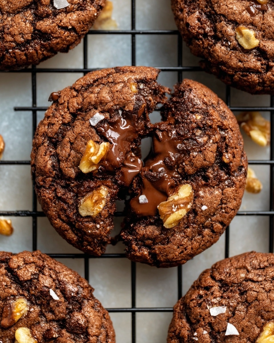 The image shows a close-up top view of a single broken chocolate cookie on a black cooling rack set on a white marbled texture. The cookie has a rich, dark brown color with a rough and slightly crumbly texture. Inside the broken center, melted chocolate is oozing out in a glossy, deep brown layer. The cookie surface has small pieces of light brown walnuts and thin, off-white coconut flakes spread unevenly. Other whole cookies with the same texture and toppings are partially visible around the main broken cookie. photo taken with an iphone --ar 4:5 --v 7