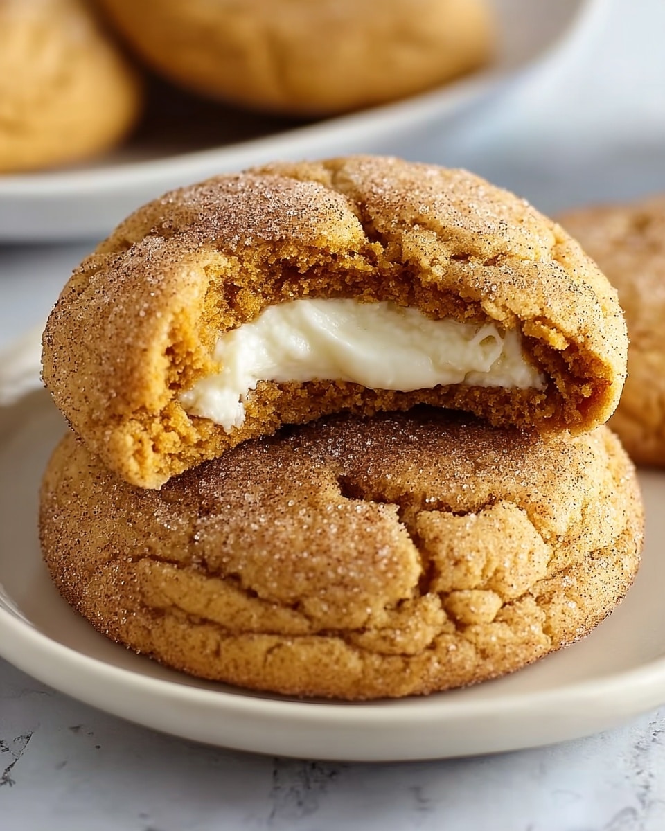 The image shows two soft cookies on a white plate with a white marbled texture surface beneath them. One cookie is whole with a crackled top sprinkled lightly with sugar and cinnamon, showing a golden-brown color with a slightly rough texture. The other cookie sits on top of the whole one and has a bite taken out, revealing a thick, creamy white filling inside that contrasts with the golden-brown outer layers. The cookies have a slightly raised shape and a soft look, with the cinnamon-sugar dusting adding a textured sparkle on top. Photo taken with an iphone --ar 4:5 --v 7
