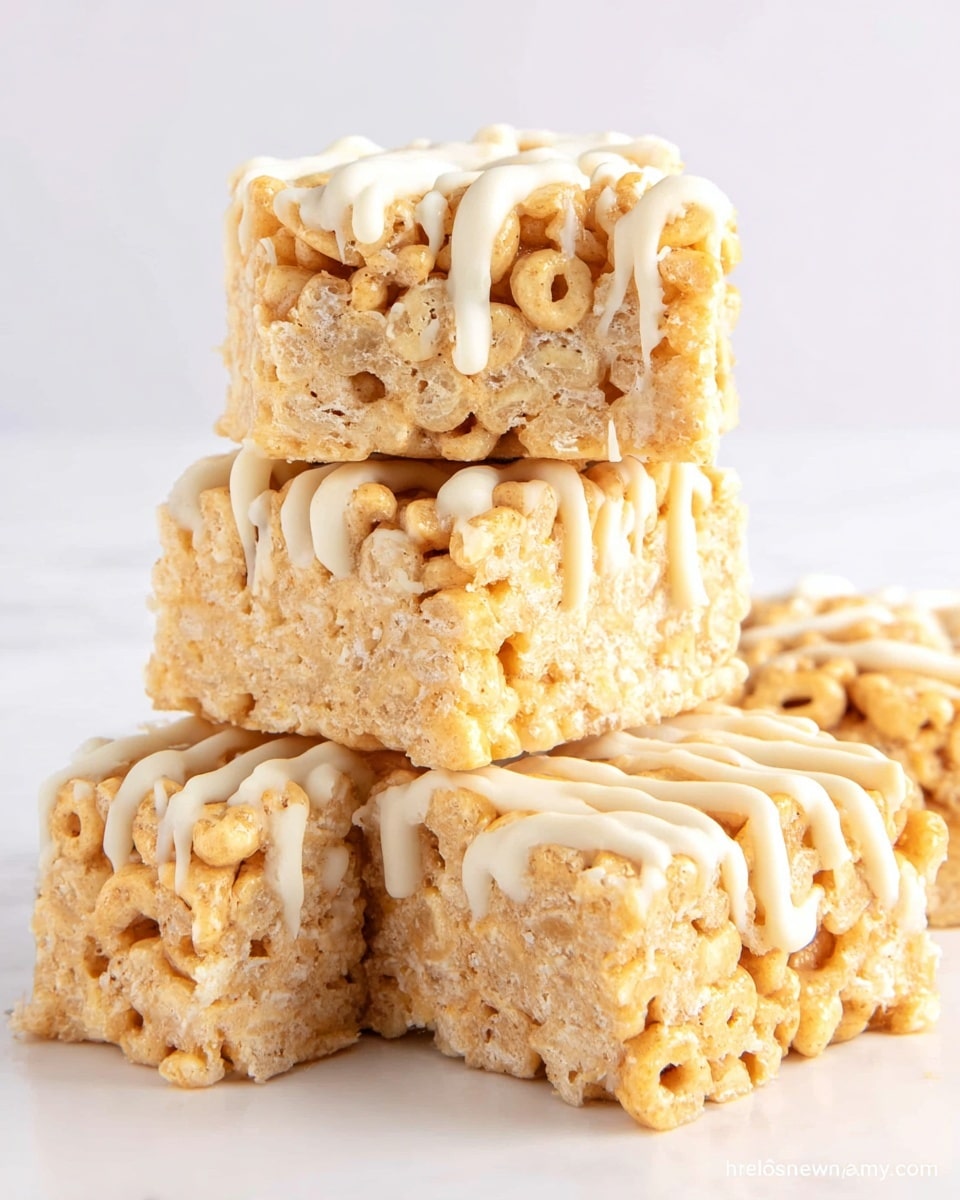 The image shows a stack of four square cereal treats with a chewy, textured light golden color. Each treat is made of puffed rice cereal bound together, with small round cereal pieces visible inside. The top surfaces and sides have white icing drizzled in smooth, slightly thick lines that run down the edges. The treats are placed directly on a white marbled surface with a clean, bright background. The stack is slightly uneven and leaning, showing the soft, crispy texture of the cereal treats. photo taken with an iphone --ar 4:5 --v 7