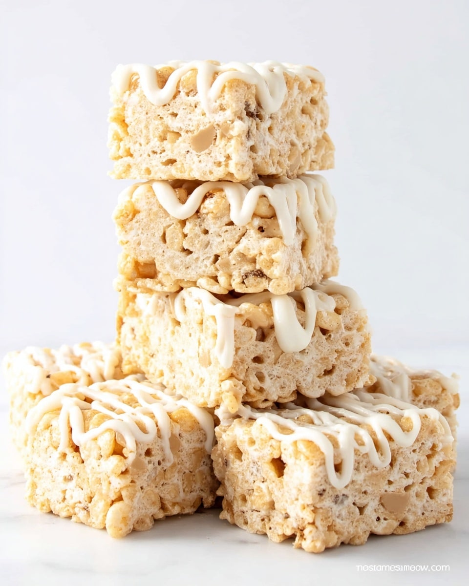 The image shows a stack of six square cereal treats made from crispy rice cereal mixed with melted marshmallow, with visible peanut butter bits inside. The treats have a light golden color with a soft, bumpy texture from the cereal pieces. The top of each square is decorated with white drizzle icing that is thick and creamy, flowing in neat wavy lines across the surface. The stack is placed on a white marbled surface with a plain white background, giving a clean and bright look. Photo taken with an iphone --ar 4:5 --v 7