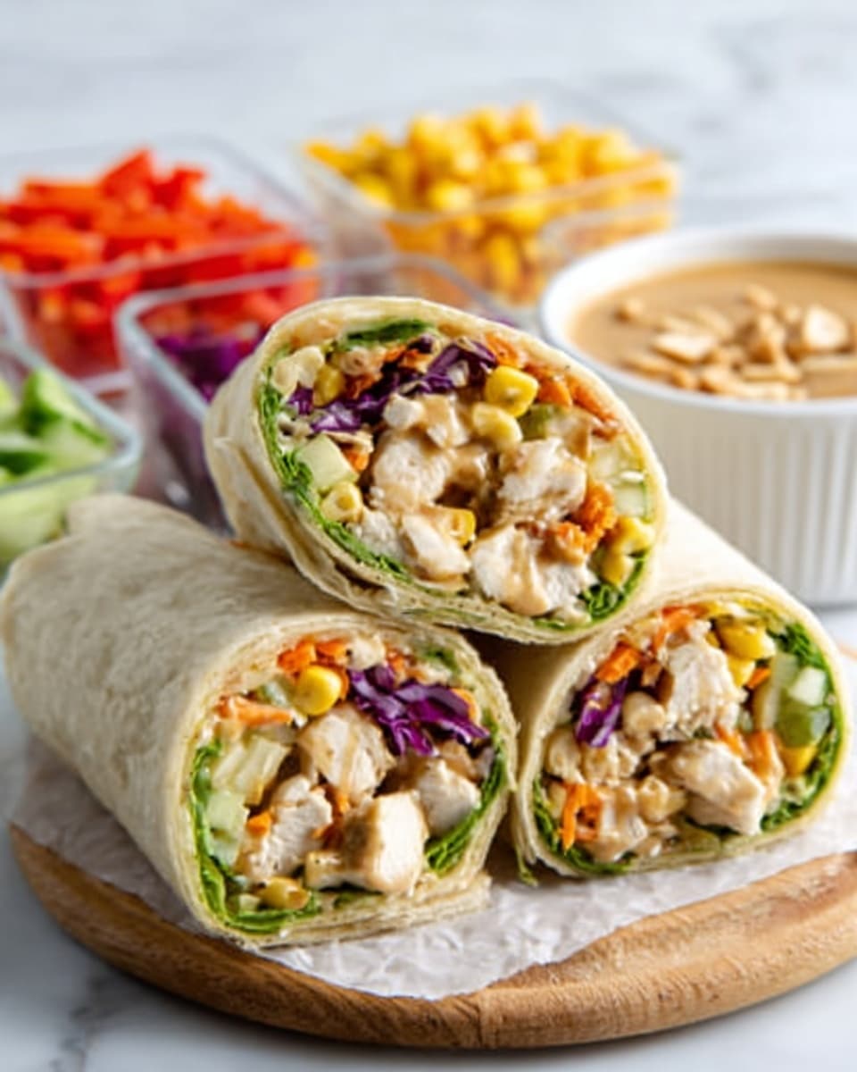 The image shows a close-up of a wrap cut in half and stacked on a wooden board, with each half revealing colorful layers inside. The outer layer is a soft beige tortilla. Inside, there is a layer of green leafy lettuce near the bottom, followed by chunks of white cooked chicken mixed with pieces of yellow corn, diced orange carrots, purple cabbage, small bits of green cucumber, and a creamy light brown sauce spread over everything. In the blurred background, there are small clear containers filled with red, yellow, and green chopped vegetables, and a white bowl with a creamy sauce topped with peanuts. The scene is set on a white marbled surface. Photo taken with an iphone --ar 4:5 --v 7