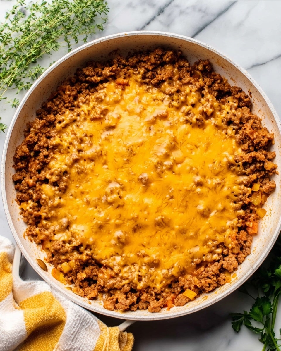 The image shows a white frying pan filled with a cooked dish that has two main layers. The bottom layer is made of browned ground meat and small pieces of vegetables, giving it a rough, crumbly texture with brown and orange tones. The top layer is melted cheese, spread unevenly in a golden yellow color covering the meat beneath. The pan is on a white marbled surface with some greenery and parts of a yellow and white cloth visible nearby. Photo taken with an iphone --ar 4:5 --v 7
