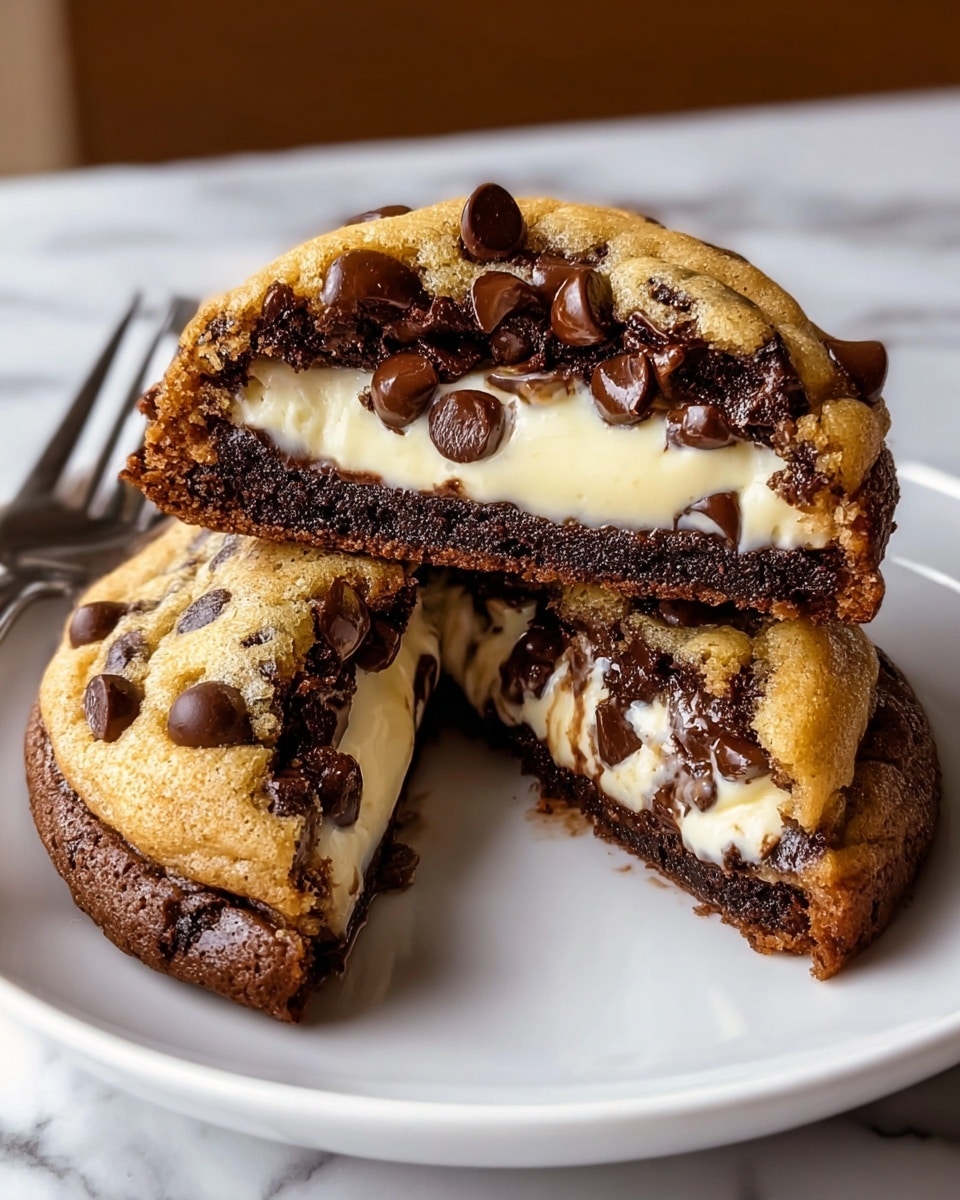 A close-up of a stuffed cookie cut into three parts on a white plate. The cookie has three layers: a golden brown outer cookie layer filled with glossy dark chocolate chips on top, a soft white creamy cheese filling in the middle, and a dark chocolate brownie base at the bottom. The top piece is stacked on the other two halves, showing the creamy filling oozing slightly out of the cookie and chocolate chips embedded in the cookie dough. The plate rests on a white marbled surface with a silver fork placed beside the cookie halves. Photo taken with an iphone --ar 4:5 --v 7